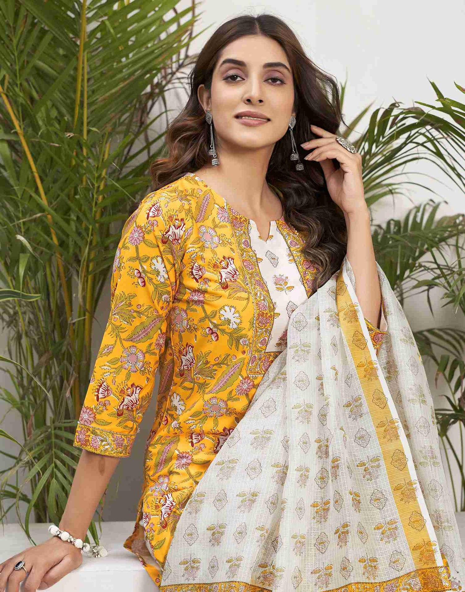 Yellow Printed Rayon Straight Kurta Set With Dupatta