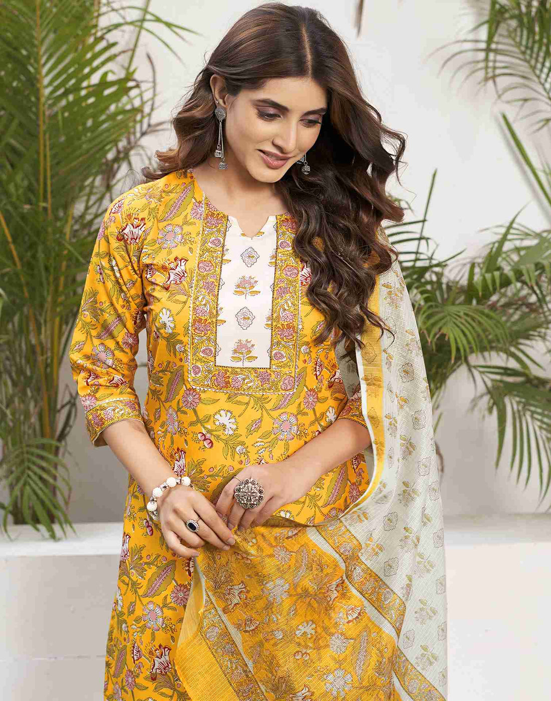 Yellow Printed Rayon Straight Kurta Set With Dupatta