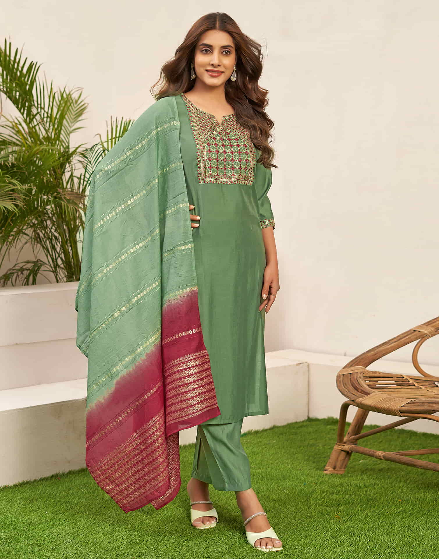 Light Olive Green Embroidery Silk Straight Kurta With Pant And Dupatta