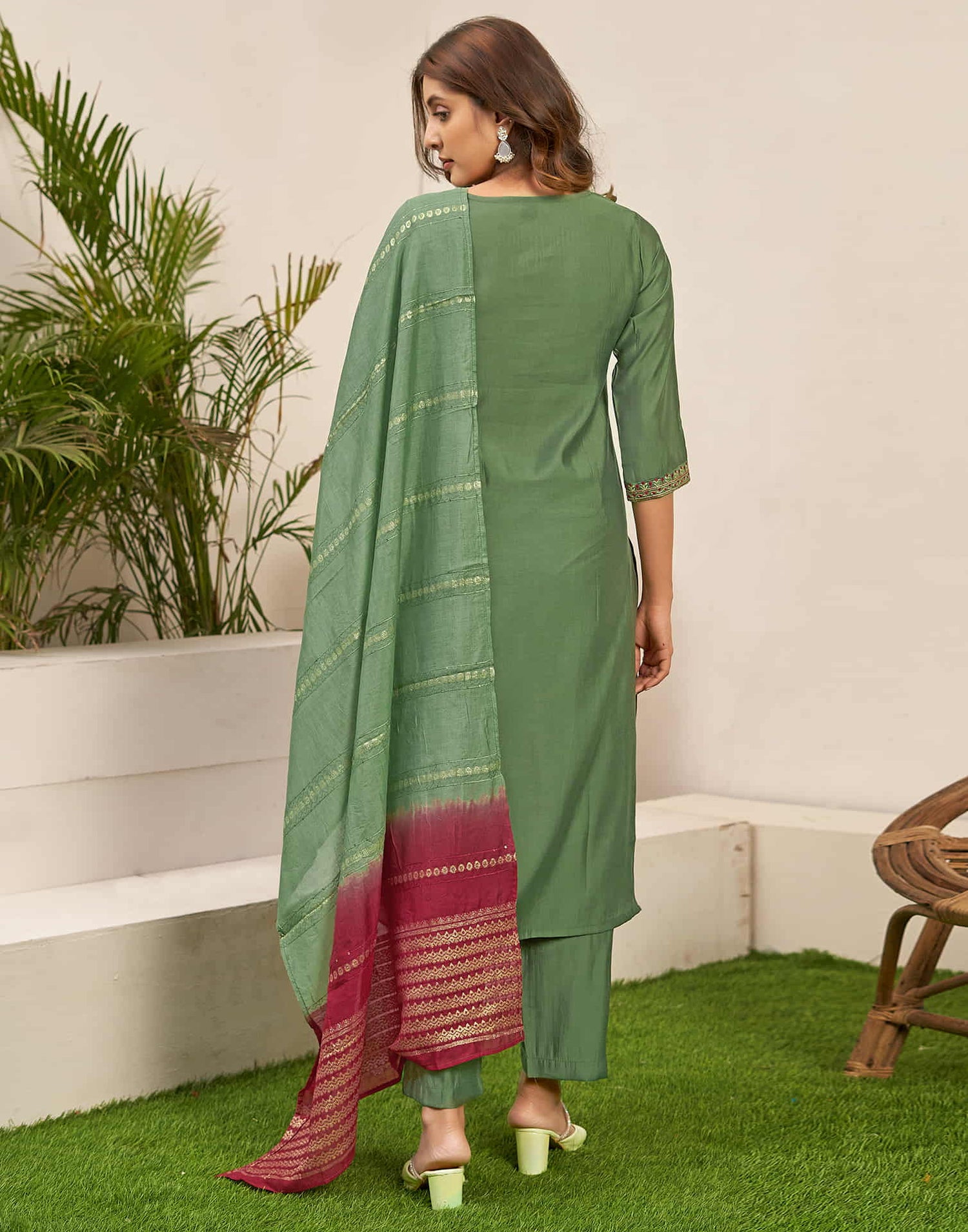 Light Olive Green Embroidery Silk Straight Kurta With Pant And Dupatta