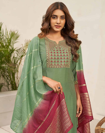 Light Olive Green Embroidery Silk Straight Kurta With Pant And Dupatta