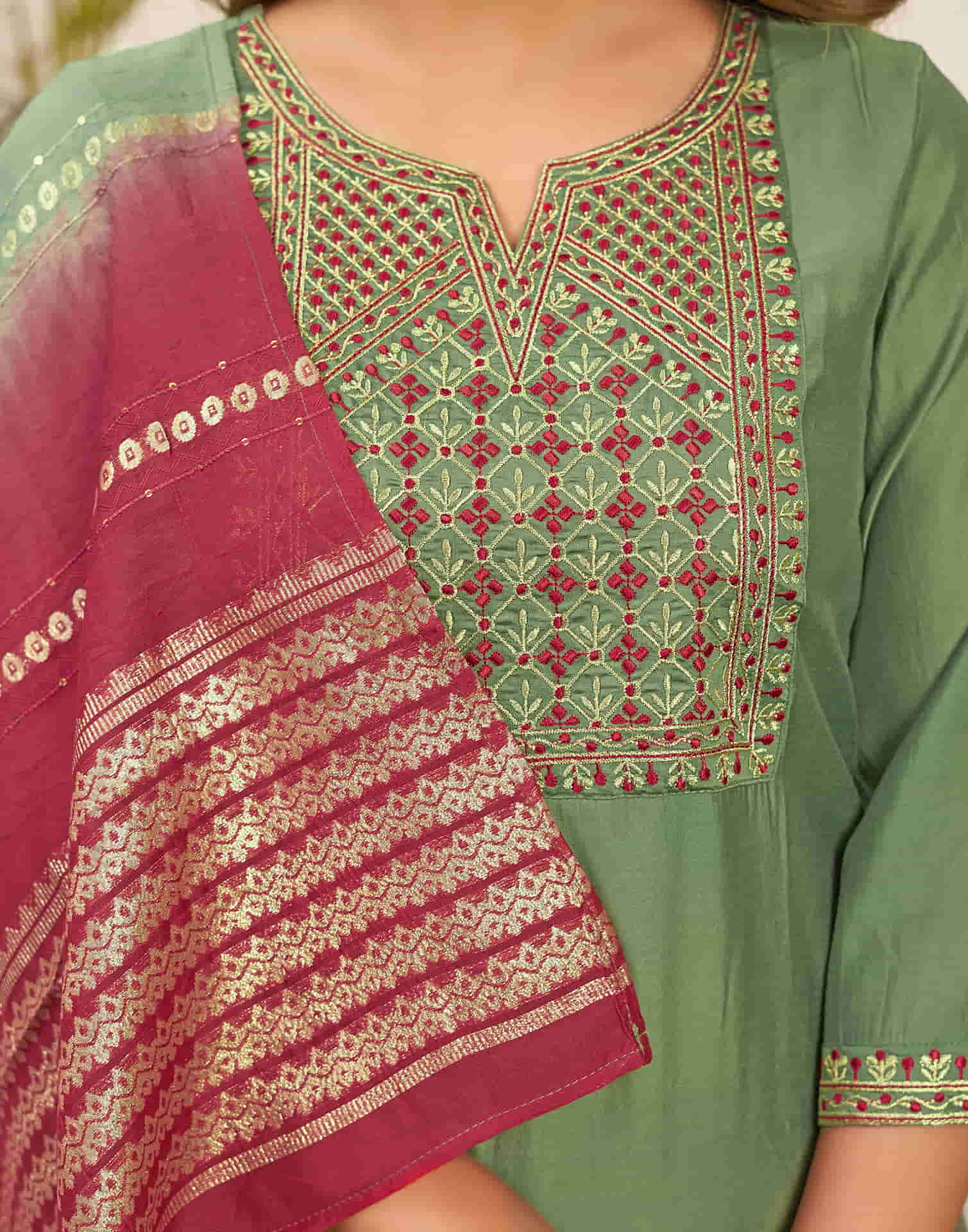 Light Olive Green Embroidery Silk Straight Kurta With Pant And Dupatta