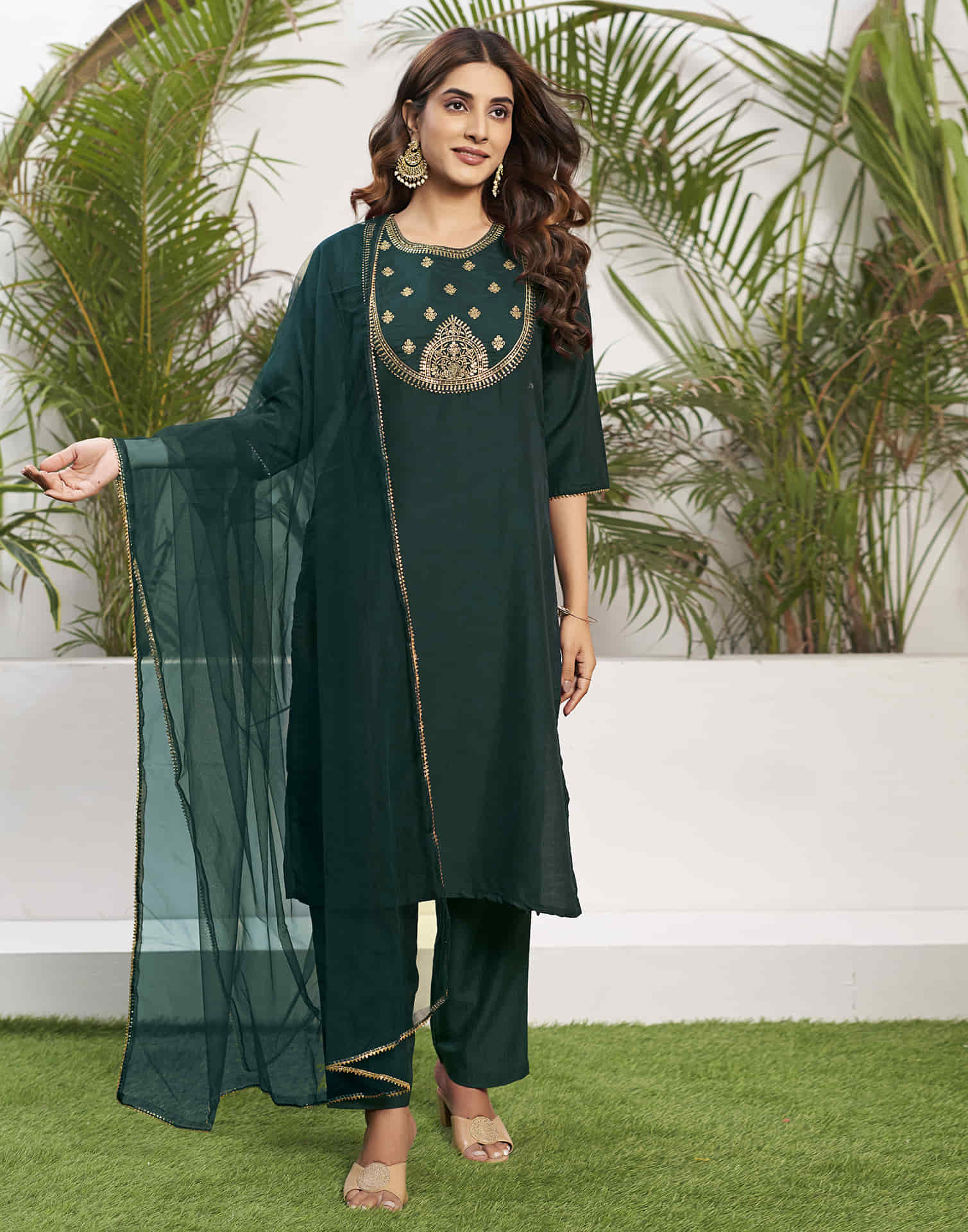 Dark Green Sequence Chinnon Straight Kurta With Pant And Dupatta