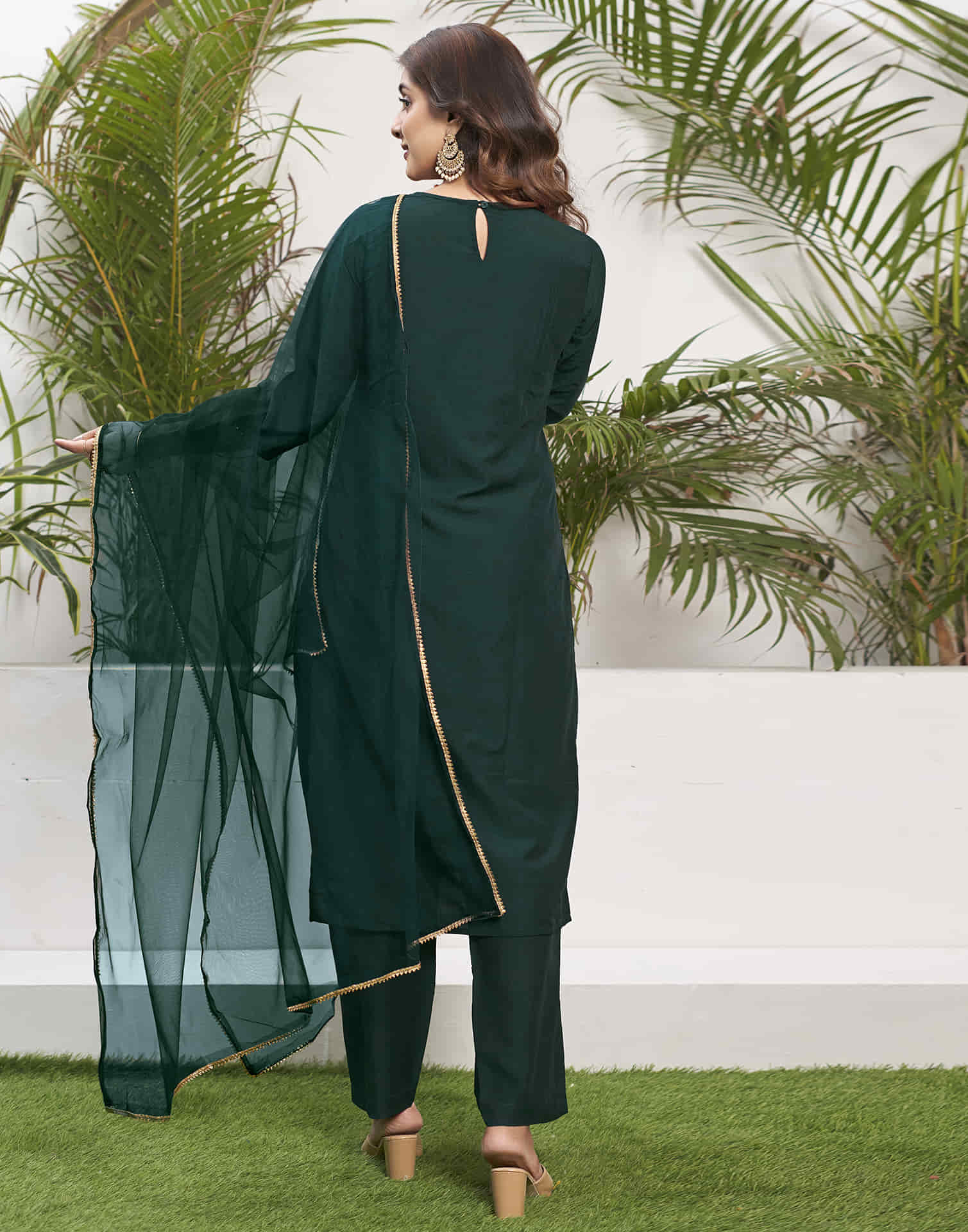 Dark Green Sequence Chinnon Straight Kurta With Pant And Dupatta