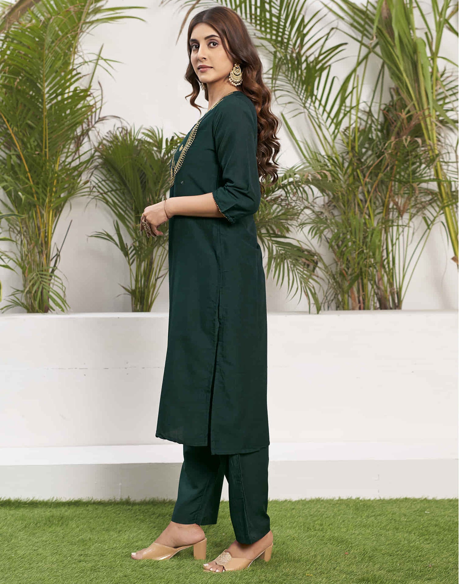 Dark Green Sequence Chinnon Straight Kurta With Pant And Dupatta