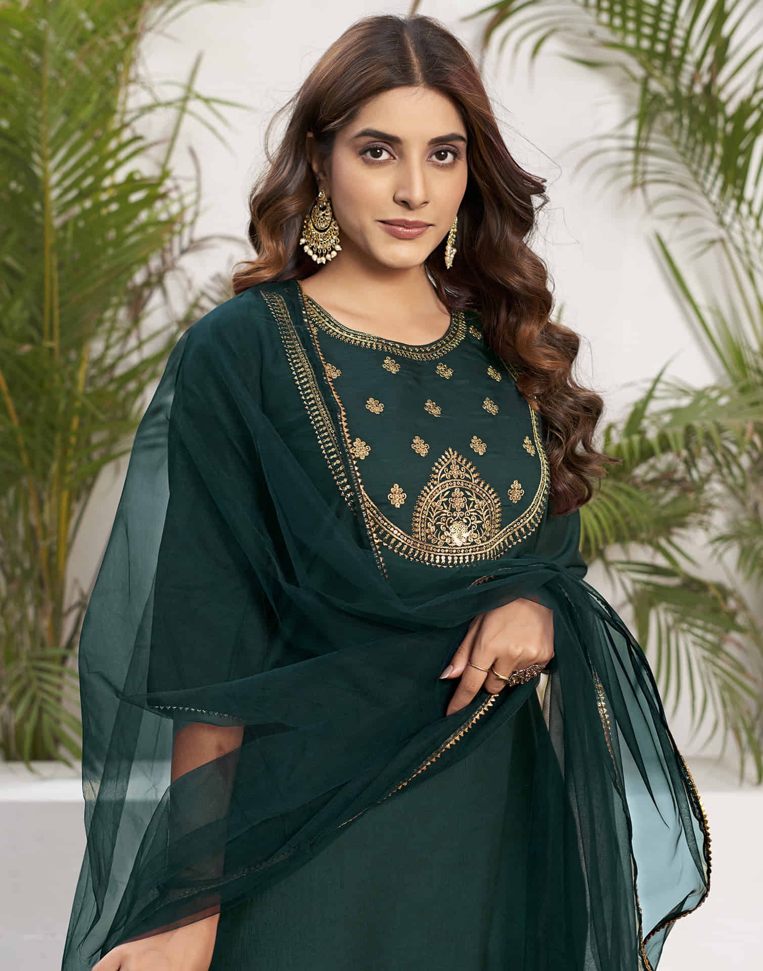 Dark Green Sequence Chinnon Straight Kurta With Pant And Dupatta