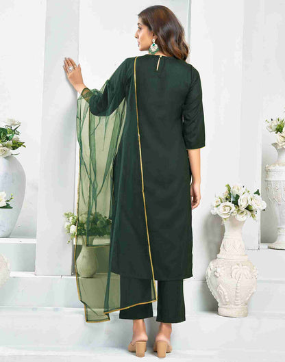 Dark green Cotton Embroidery Straight Kurta Set With Dupatta