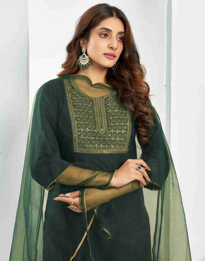 Dark green Cotton Embroidery Straight Kurta Set With Dupatta