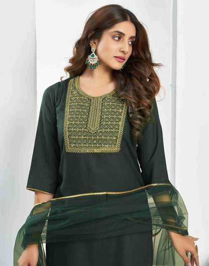 Dark green Cotton Embroidery Straight Kurta Set With Dupatta