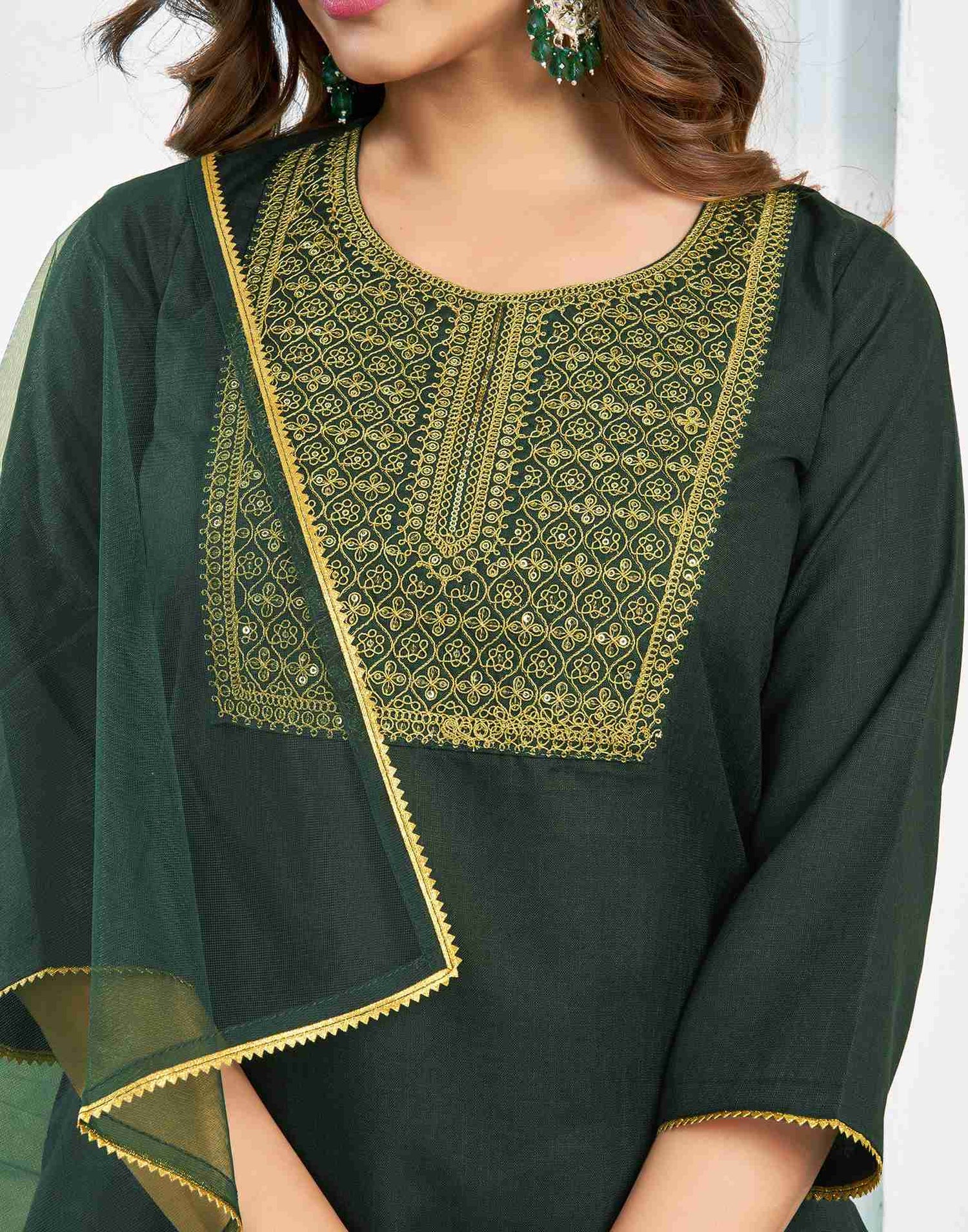 Dark green Cotton Embroidery Straight Kurta Set With Dupatta