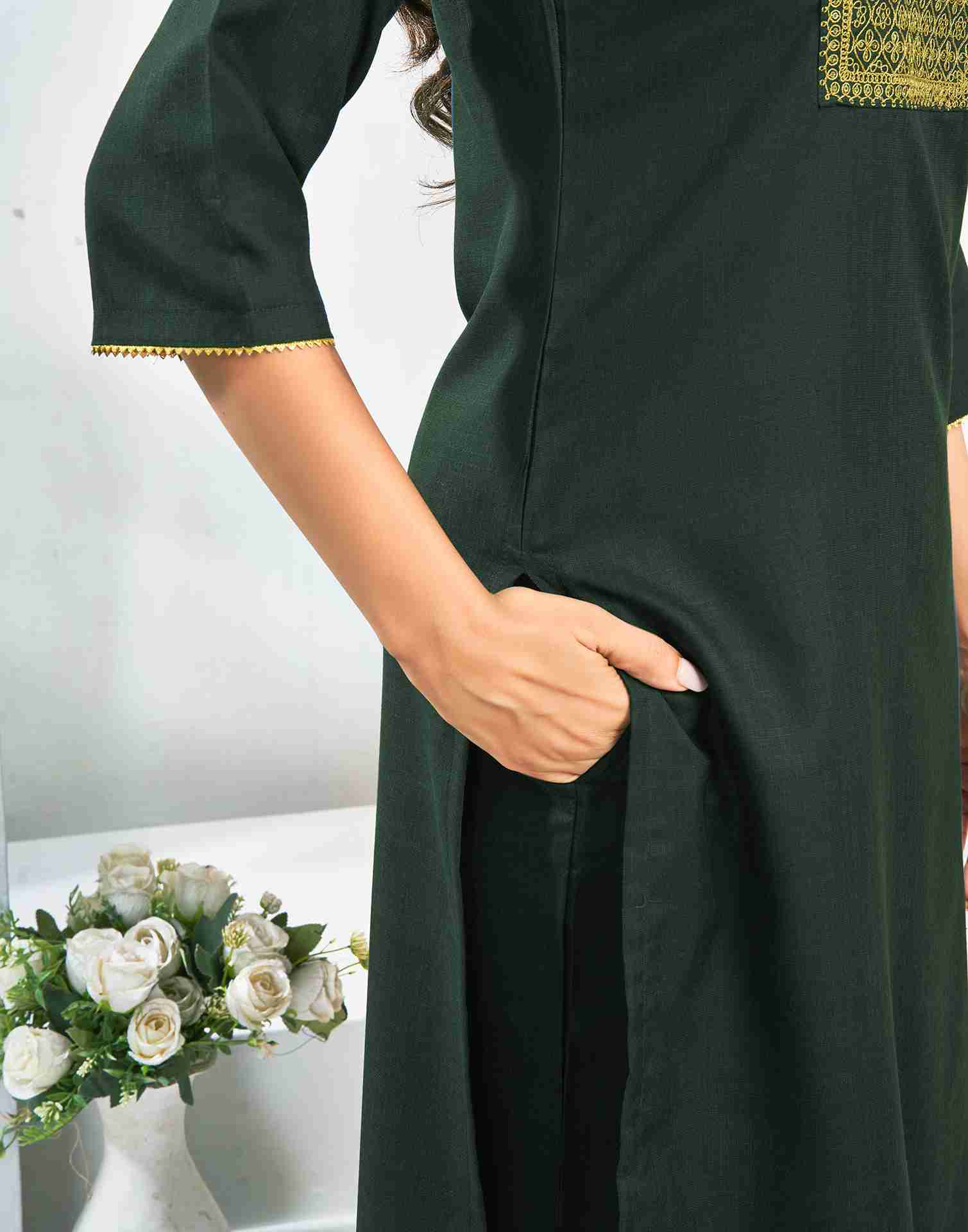 Dark green Cotton Embroidery Straight Kurta Set With Dupatta