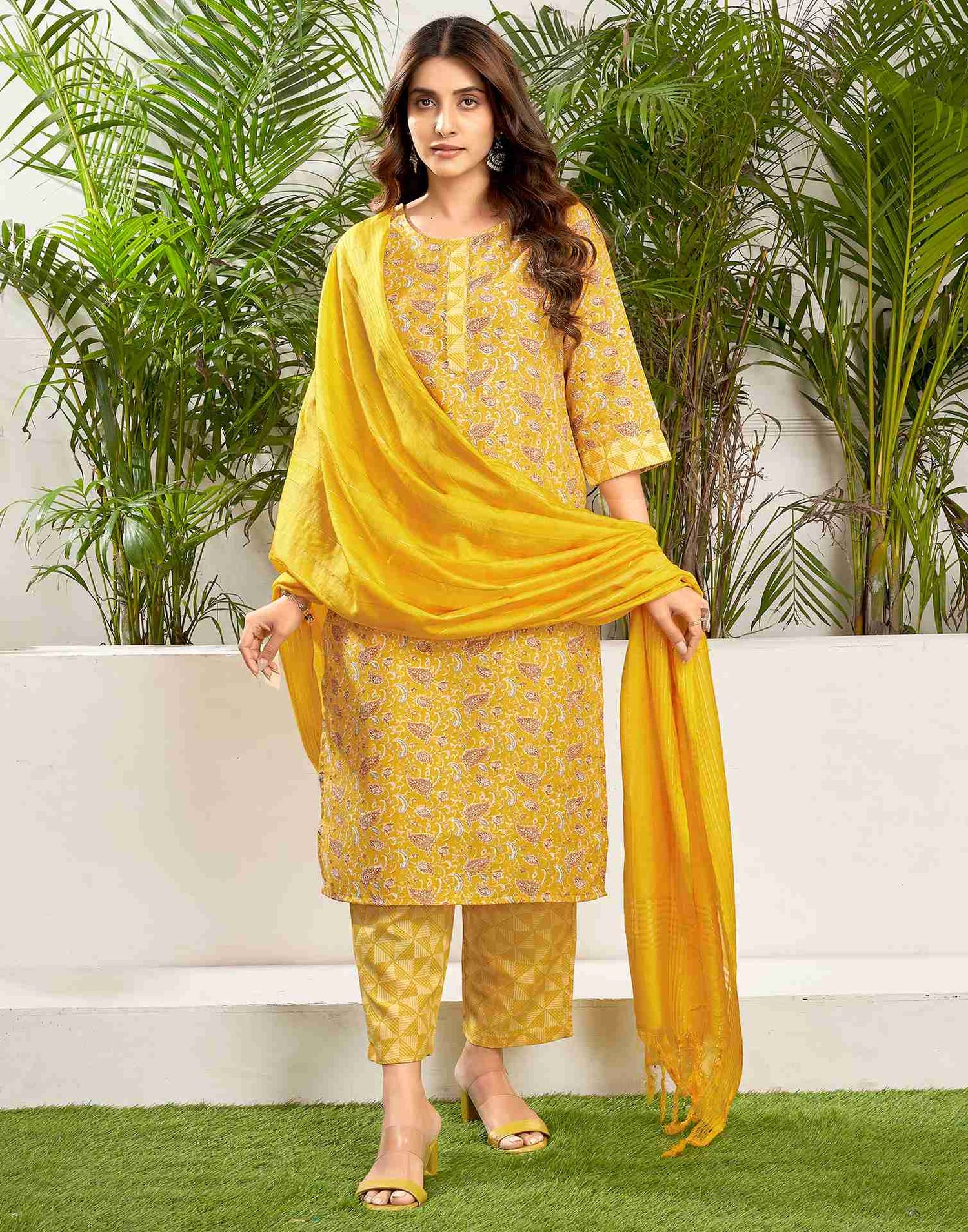 Yellow Cotton Printed Straight Kurta Set With Dupatta