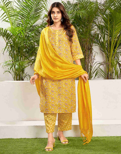 Yellow Cotton Printed Straight Kurta Set With Dupatta