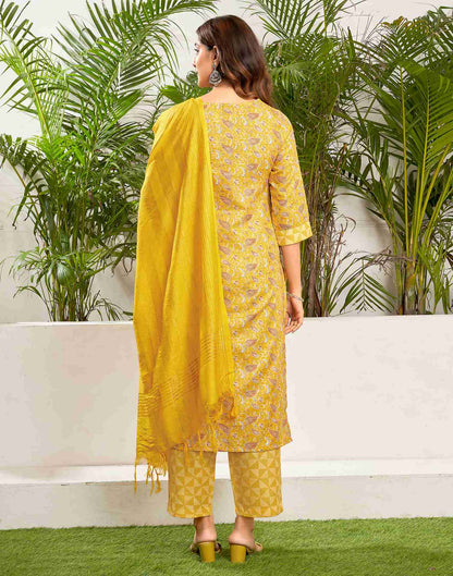 Yellow Cotton Printed Straight Kurta Set With Dupatta