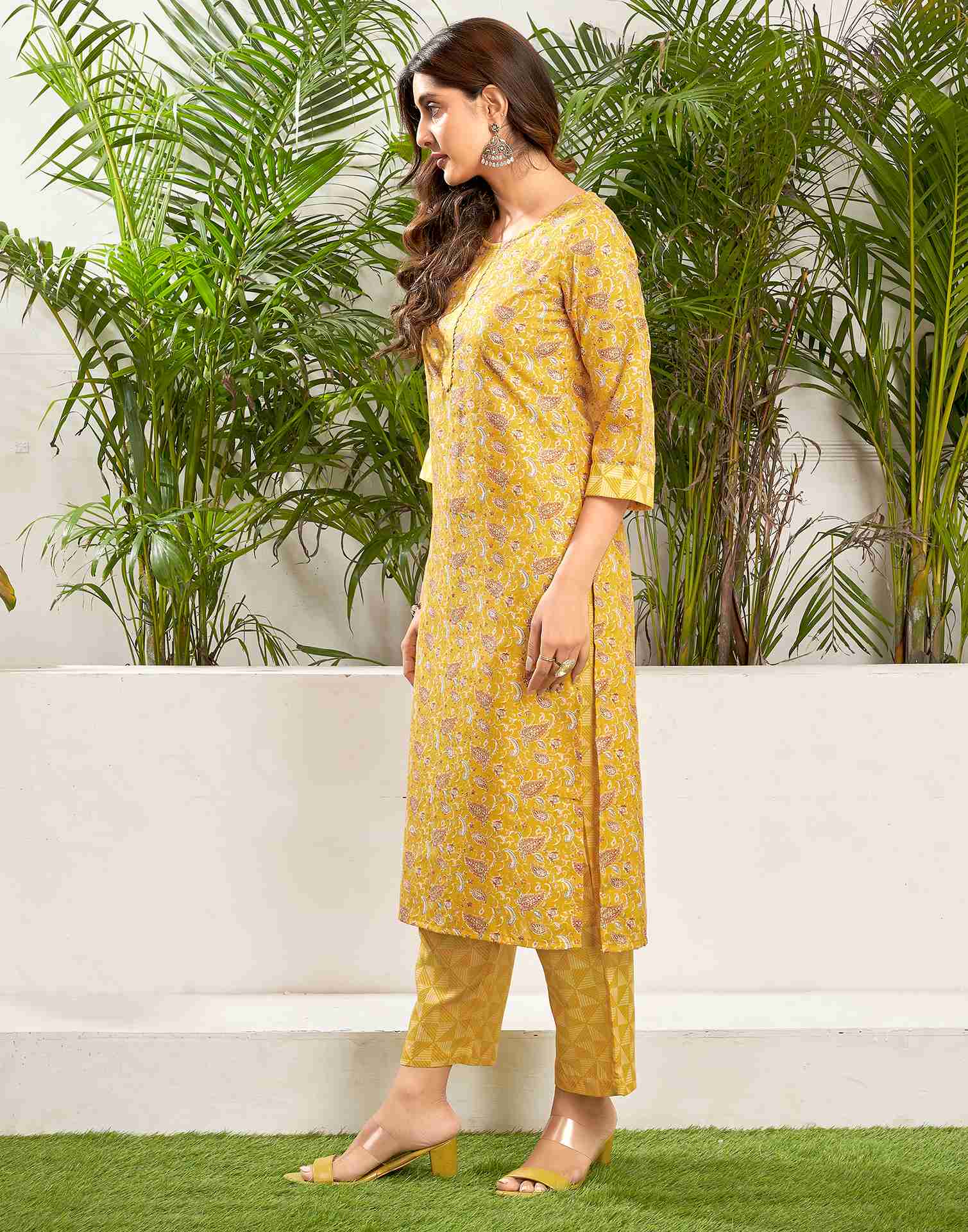 Yellow Cotton Printed Straight Kurta Set With Dupatta