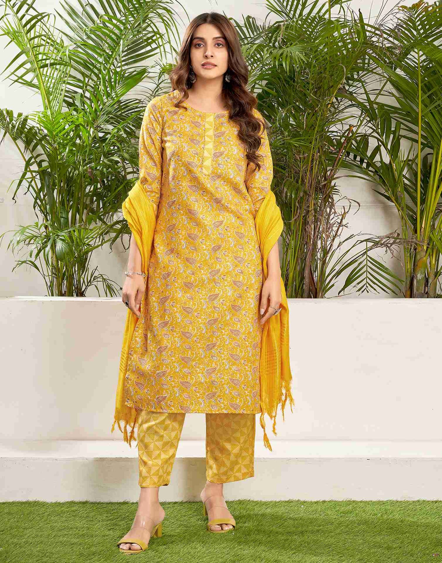 Yellow Cotton Printed Straight Kurta Set With Dupatta