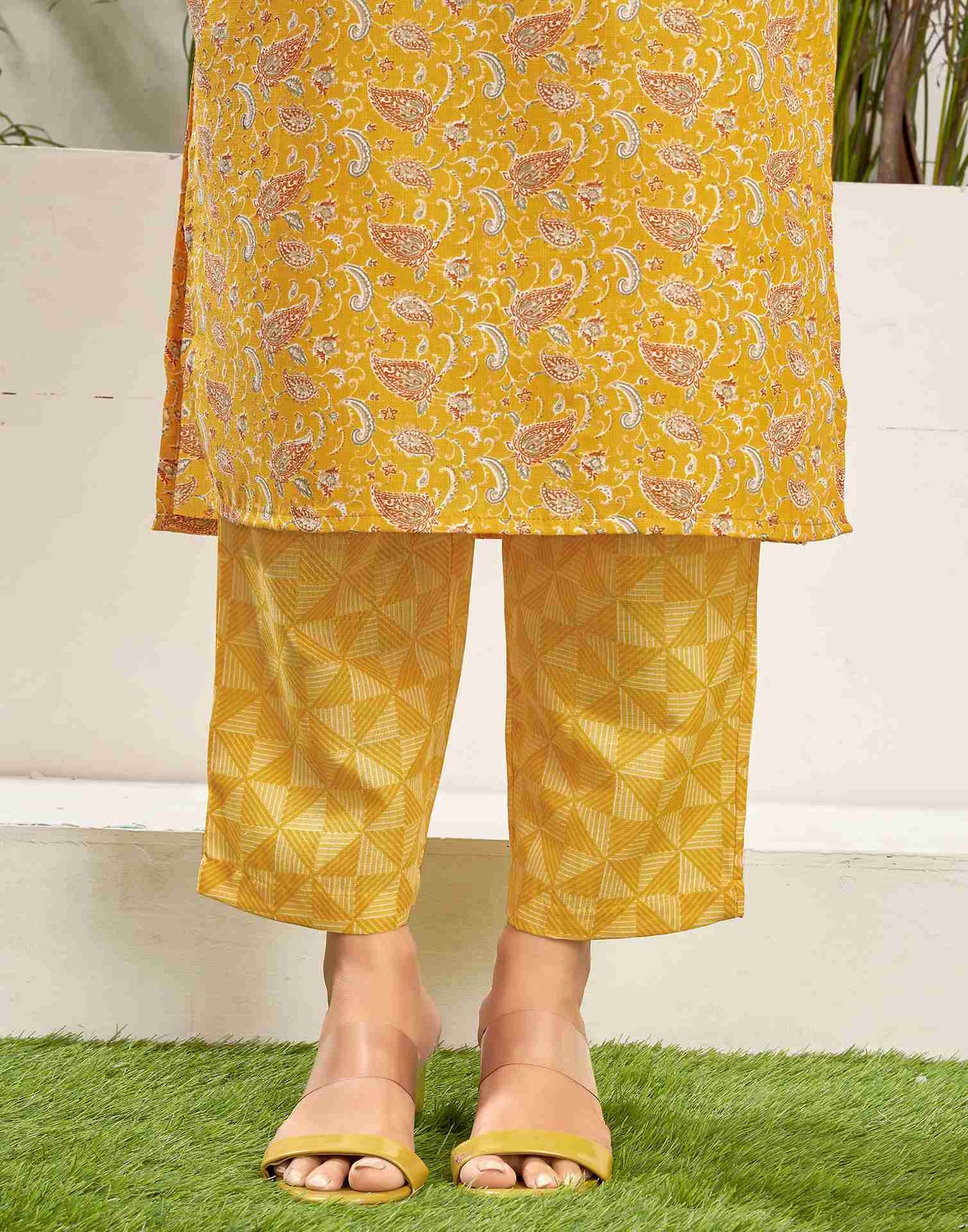 Yellow Cotton Printed Straight Kurta Set With Dupatta