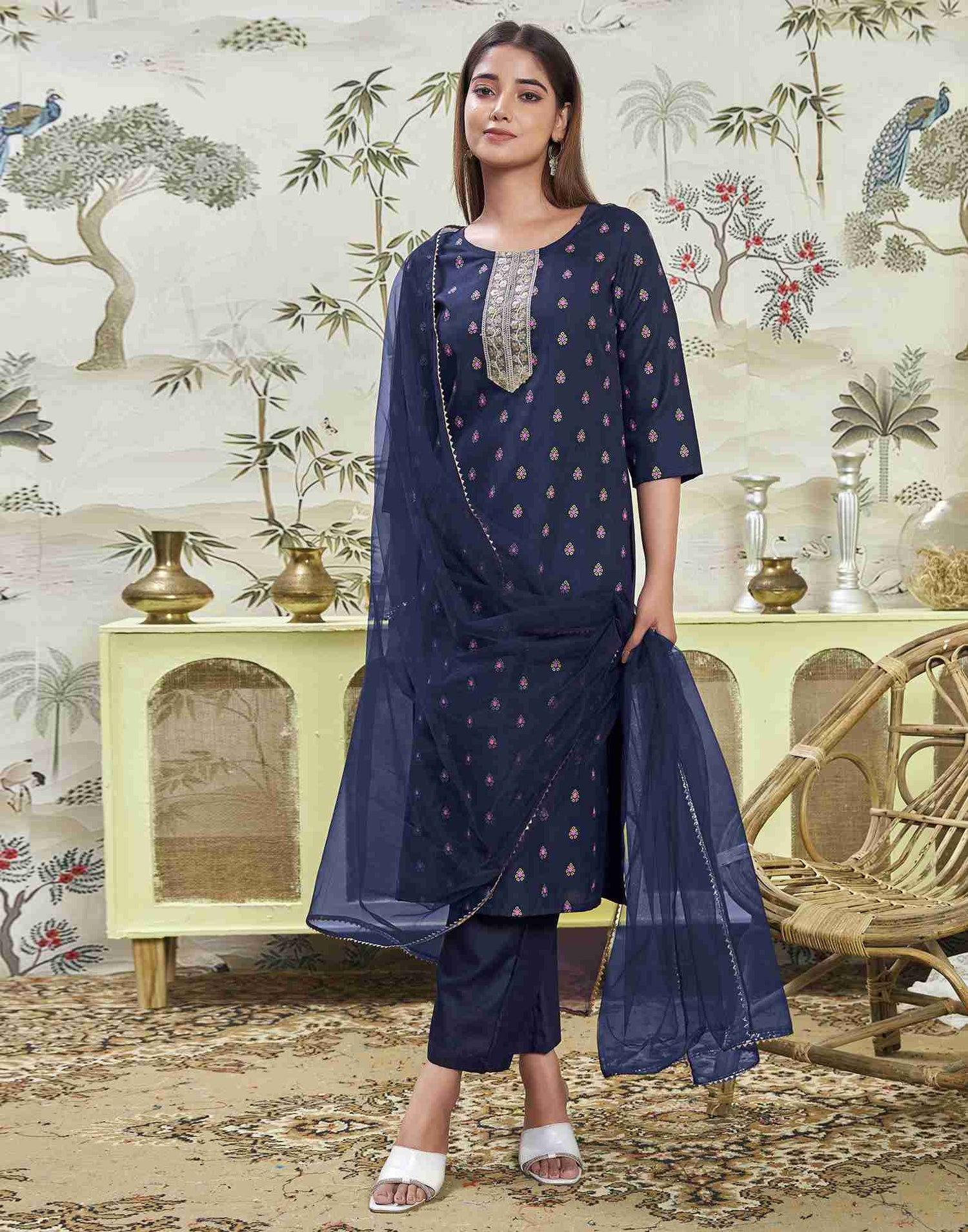 Navy Blue Embroidery Cotton Straight Kurta Set With Dupatta