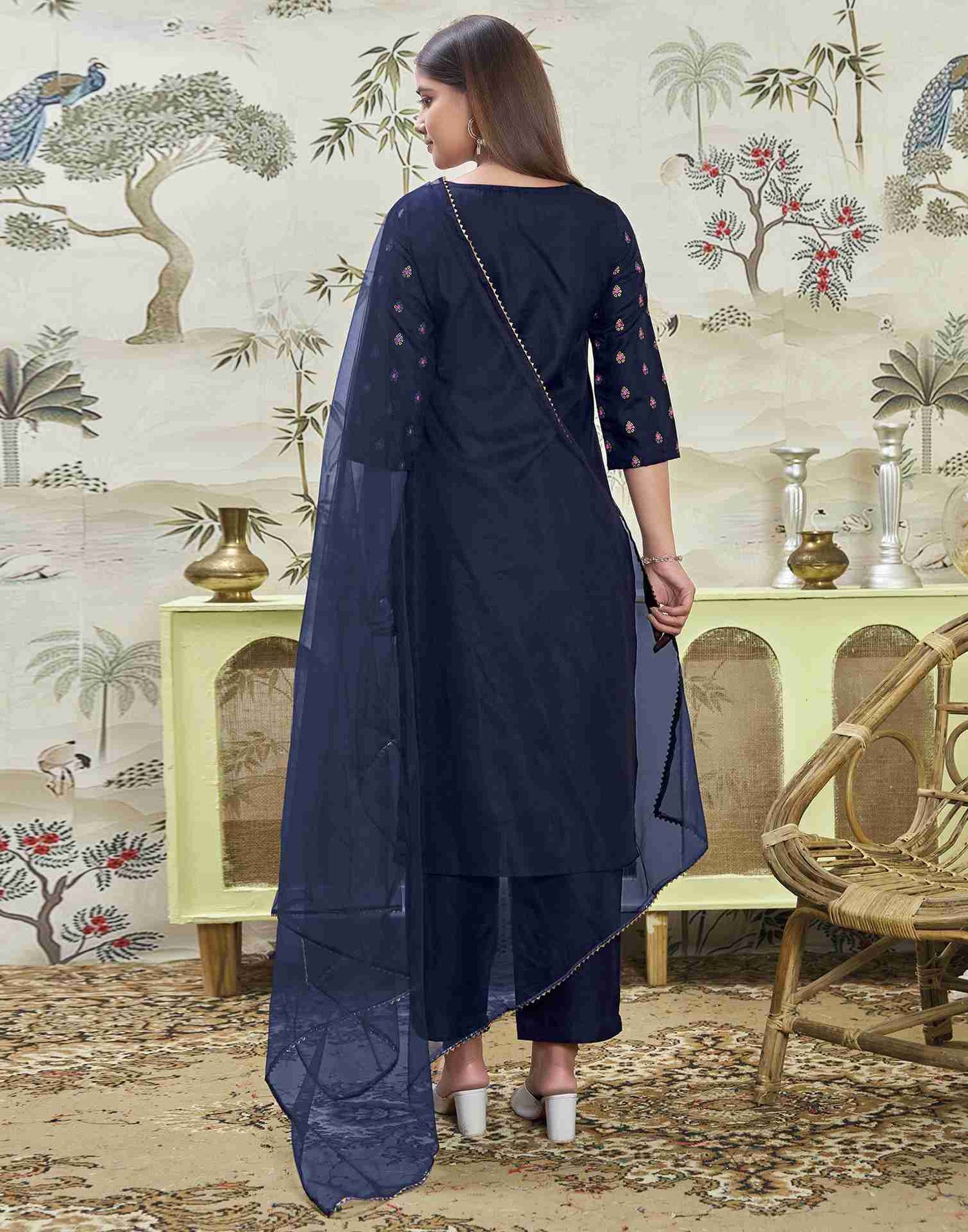 Navy Blue Embroidery Cotton Straight Kurta Set With Dupatta