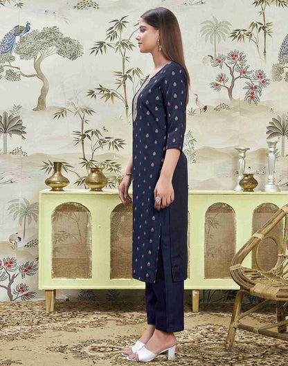 Navy Blue Embroidery Cotton Straight Kurta Set With Dupatta