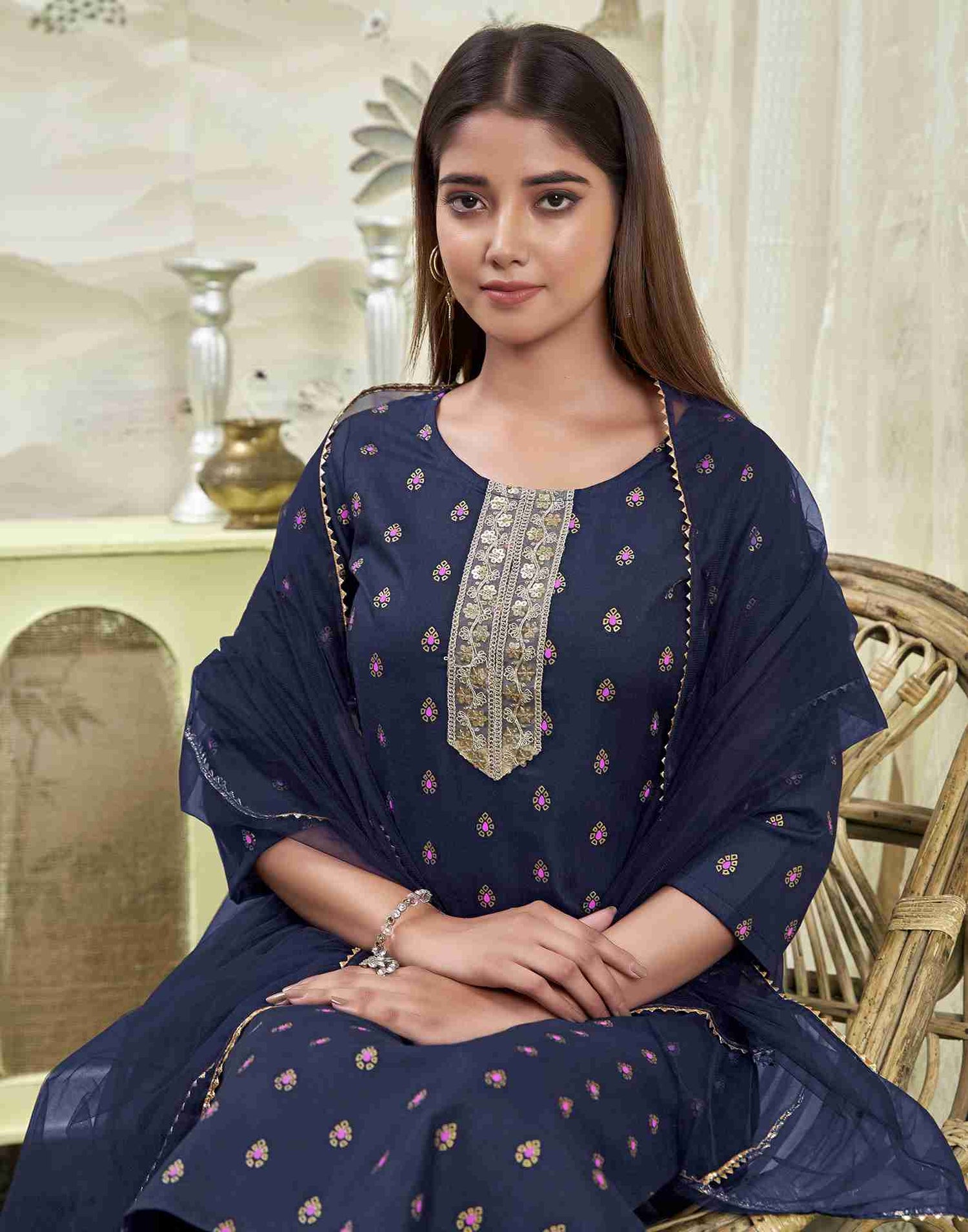 Navy Blue Embroidery Cotton Straight Kurta Set With Dupatta