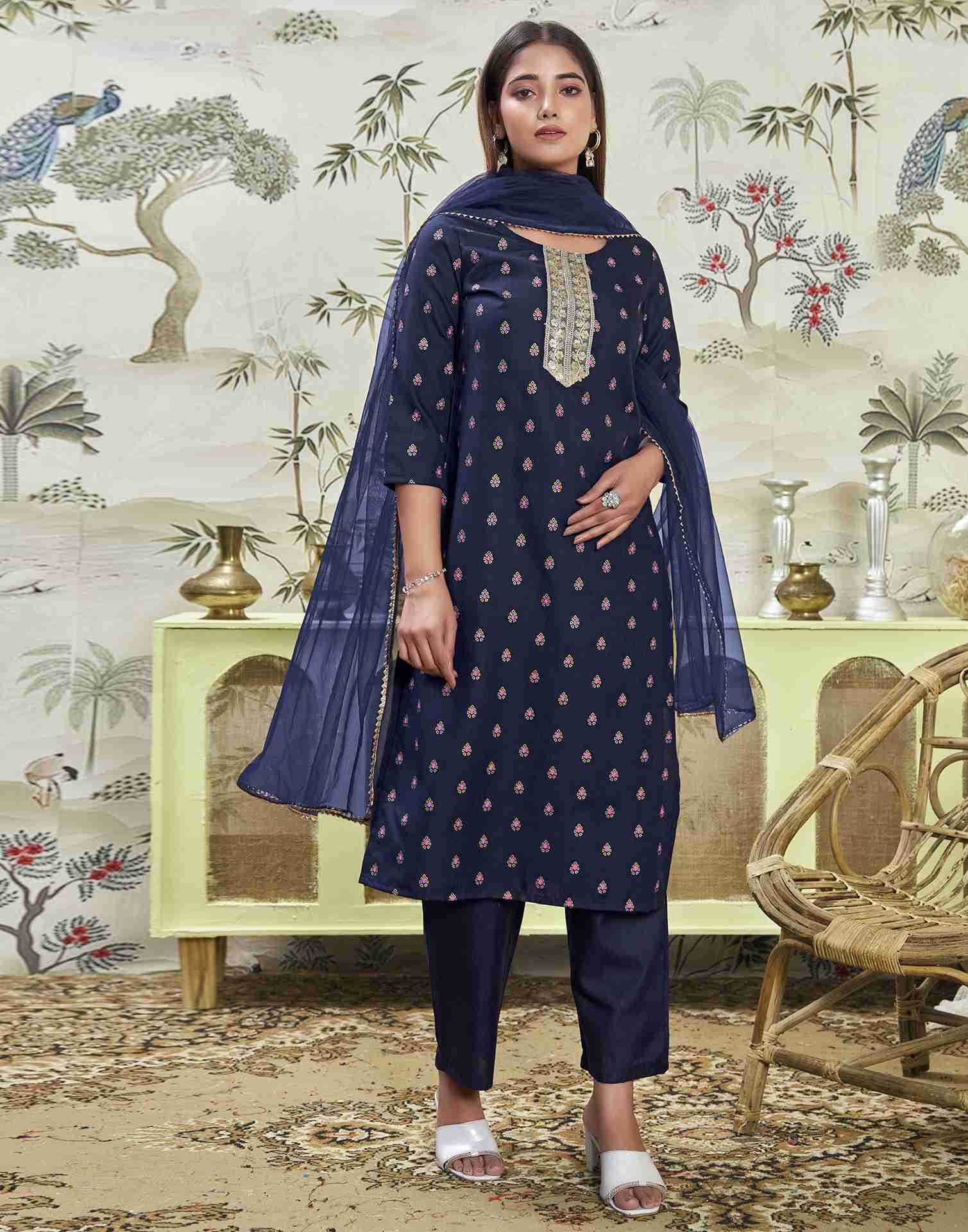 Navy Blue Embroidery Cotton Straight Kurta Set With Dupatta