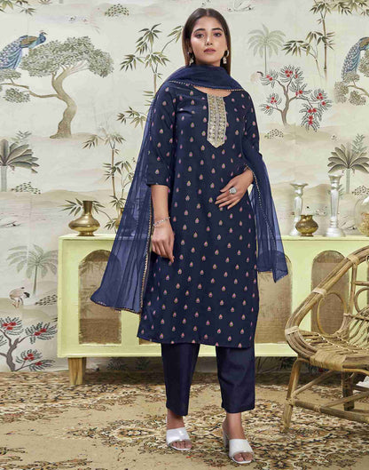 Navy Blue Embroidery Cotton Straight Kurta Set With Dupatta