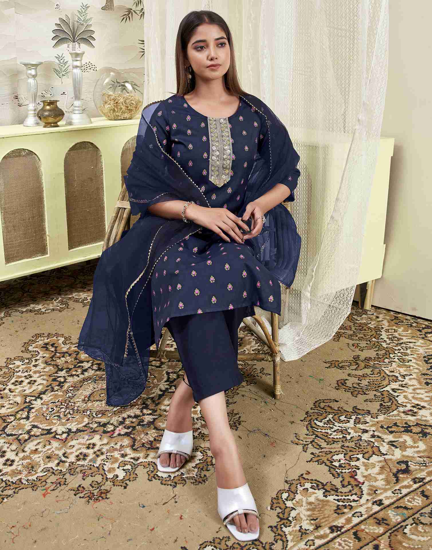 Navy Blue Embroidery Cotton Straight Kurta Set With Dupatta