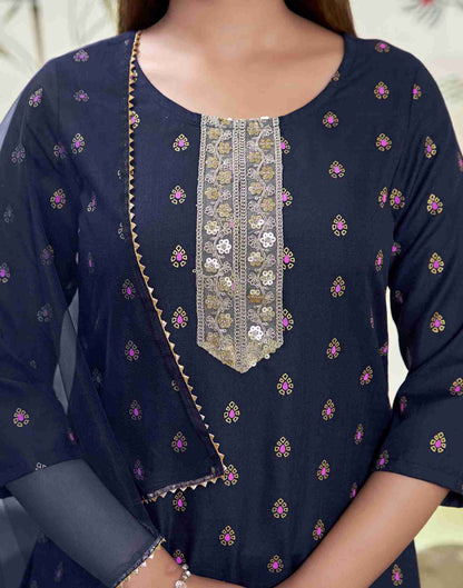 Navy Blue Embroidery Cotton Straight Kurta Set With Dupatta