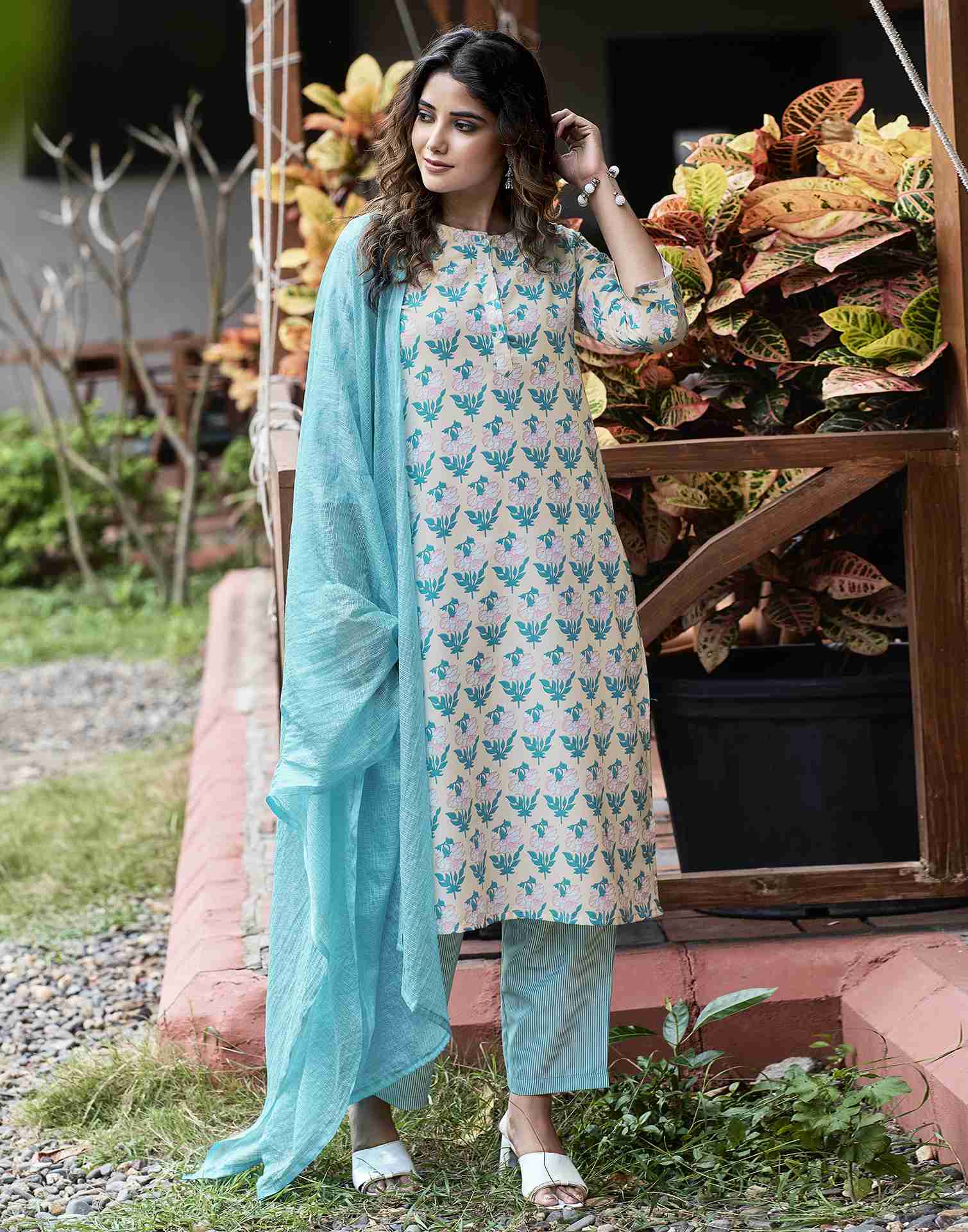 Beige Printed Rayon Straight Kurta Set With Dupatta