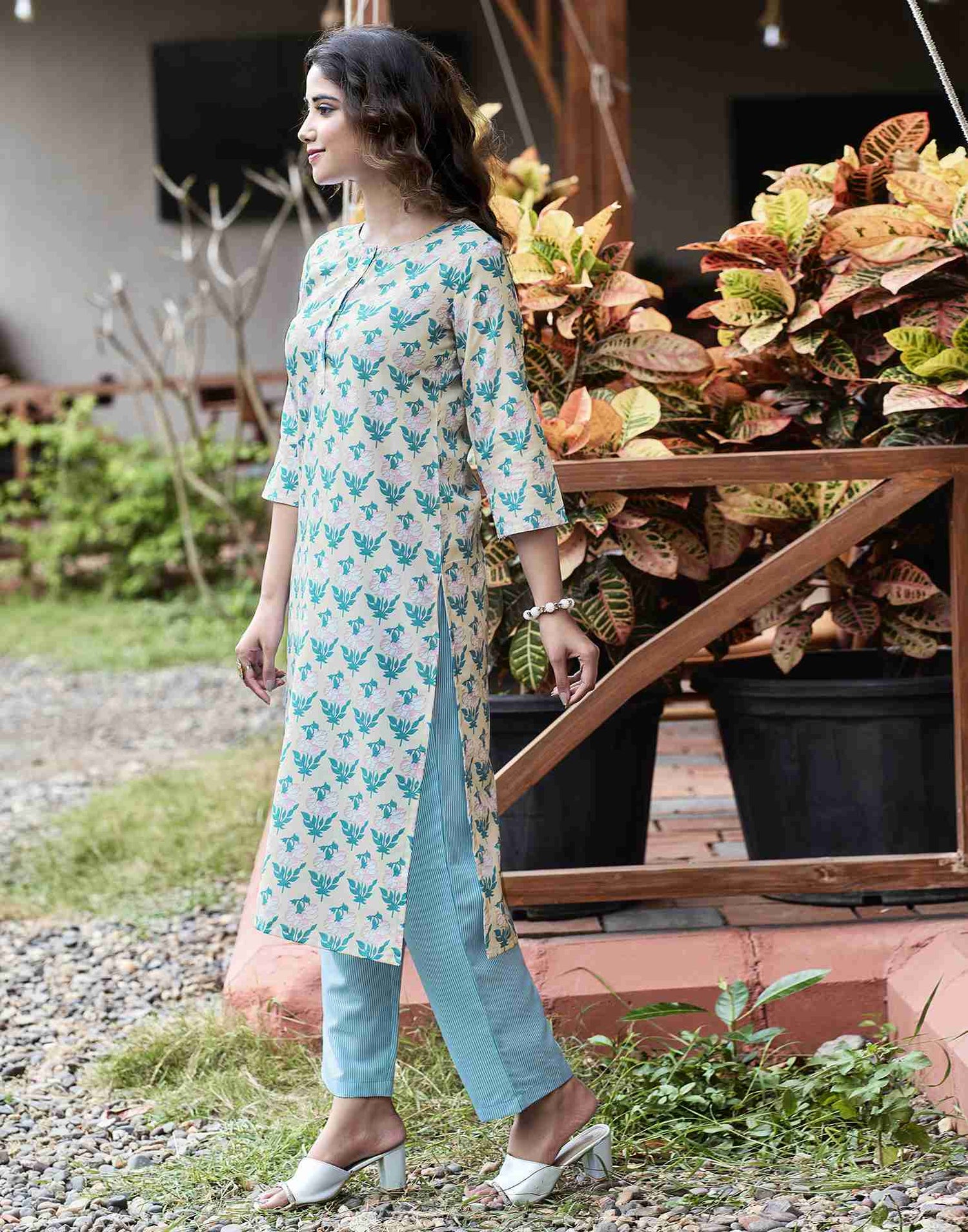 Beige Printed Rayon Straight Kurta Set With Dupatta