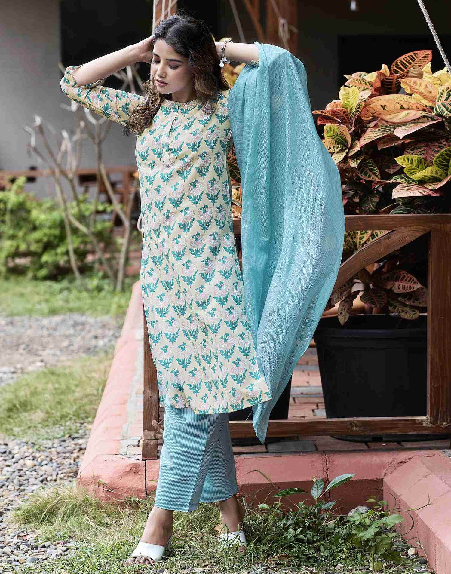 Beige Printed Rayon Straight Kurta Set With Dupatta