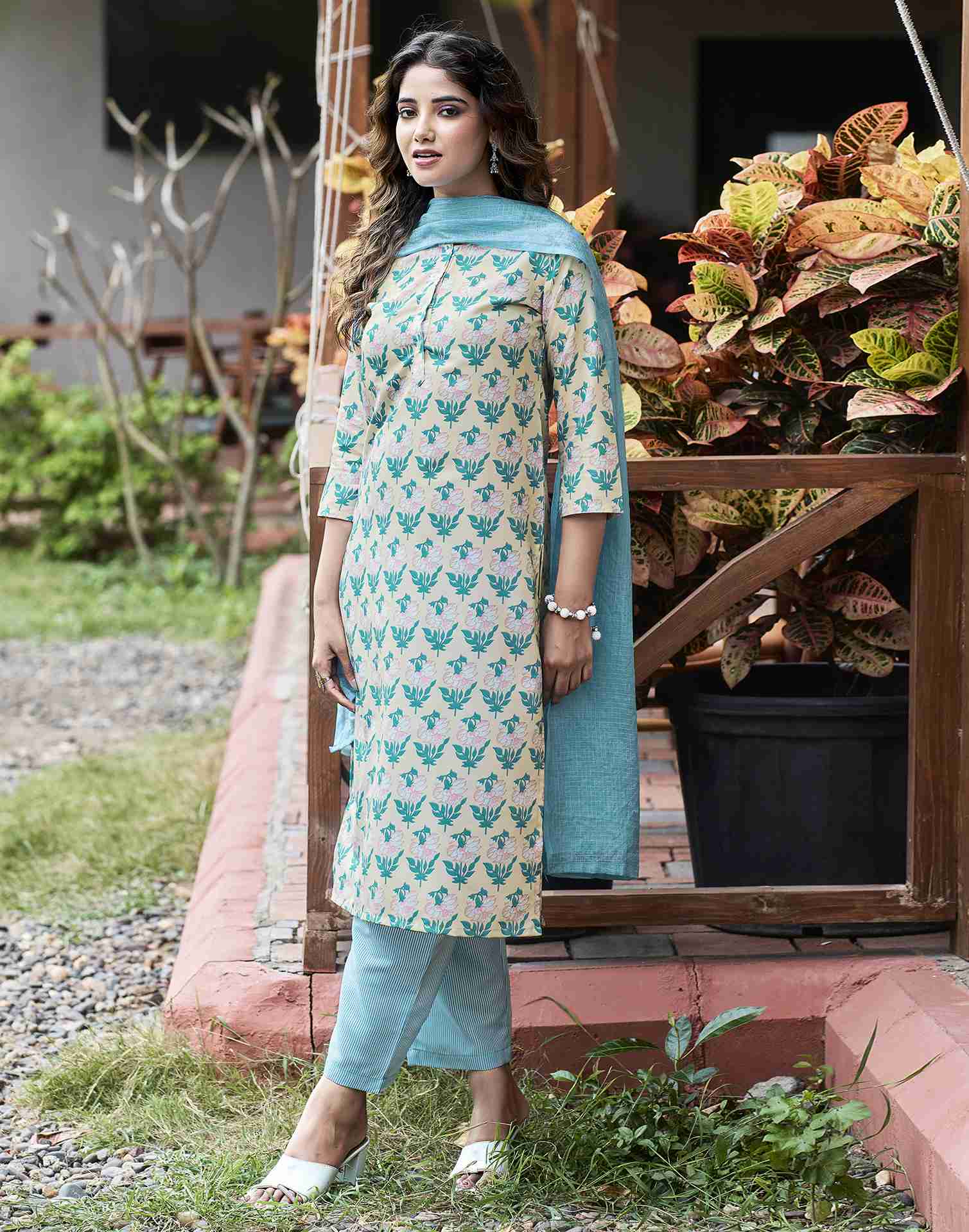 Beige Printed Rayon Straight Kurta Set With Dupatta