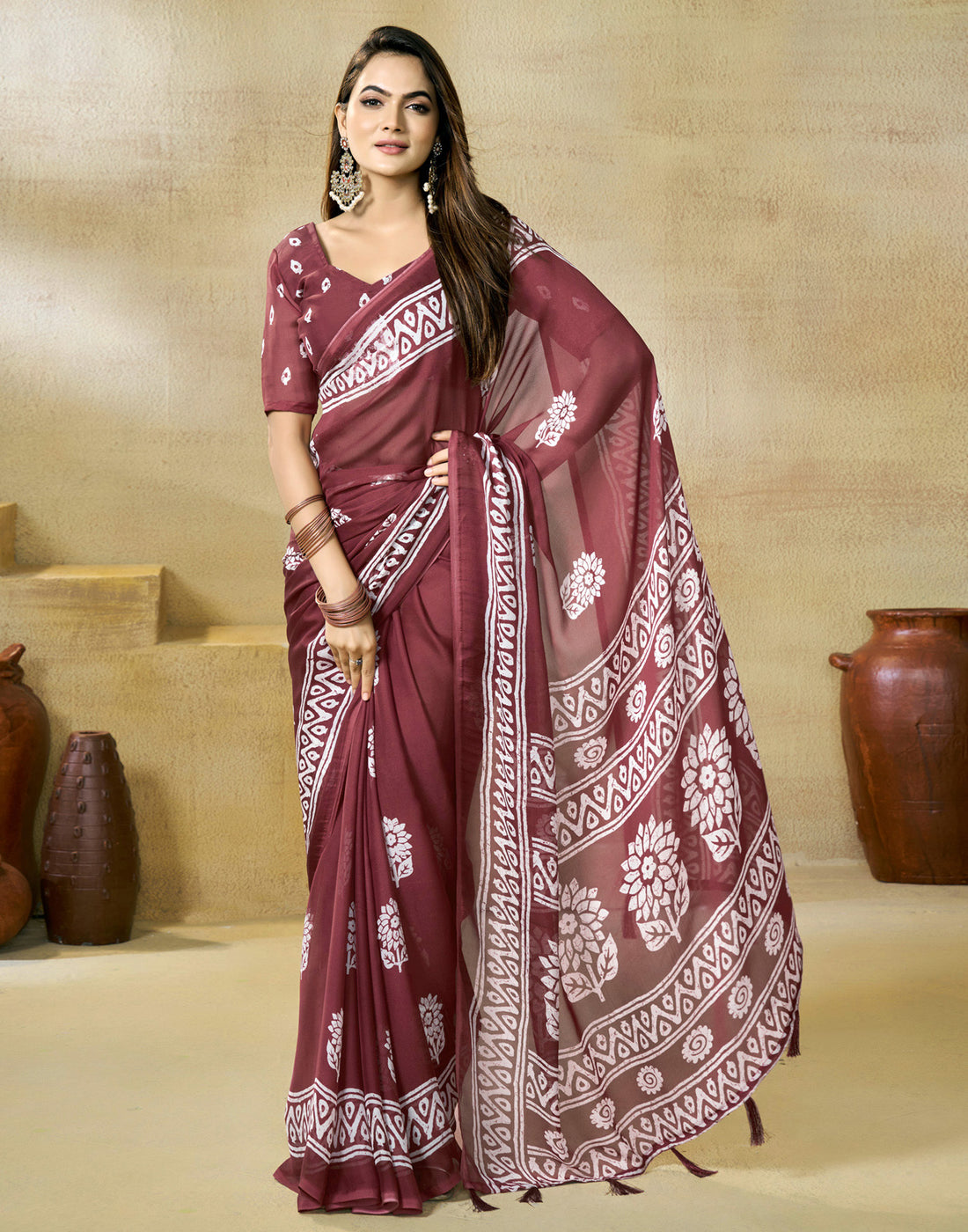 Maroon Georgette Printed Saree