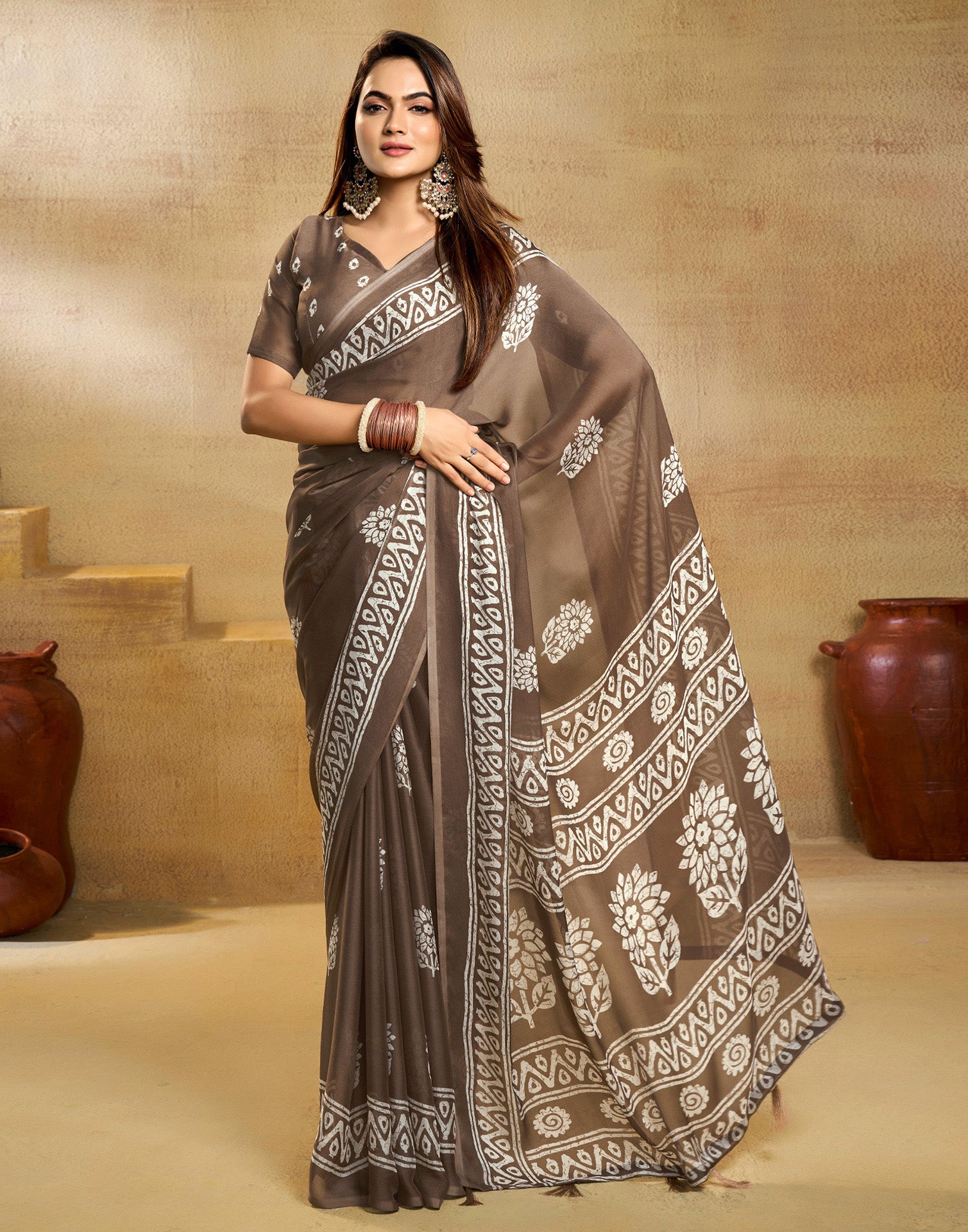 Brown Georgette Printed Saree