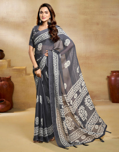 Grey Georgette Printed Saree
