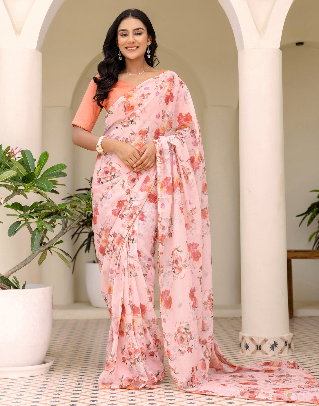 Ready To Wear Multicoloured Georgette Floral Printed Saree