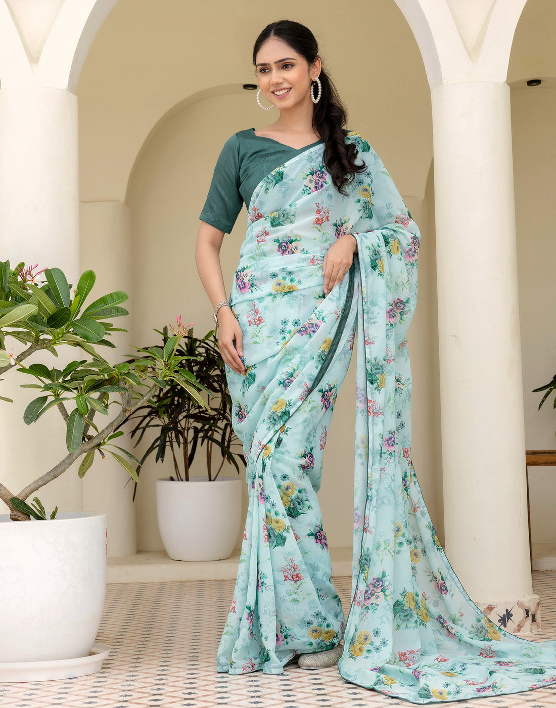 Ready To Wear Multicoloured Georgette Floral Printed Saree