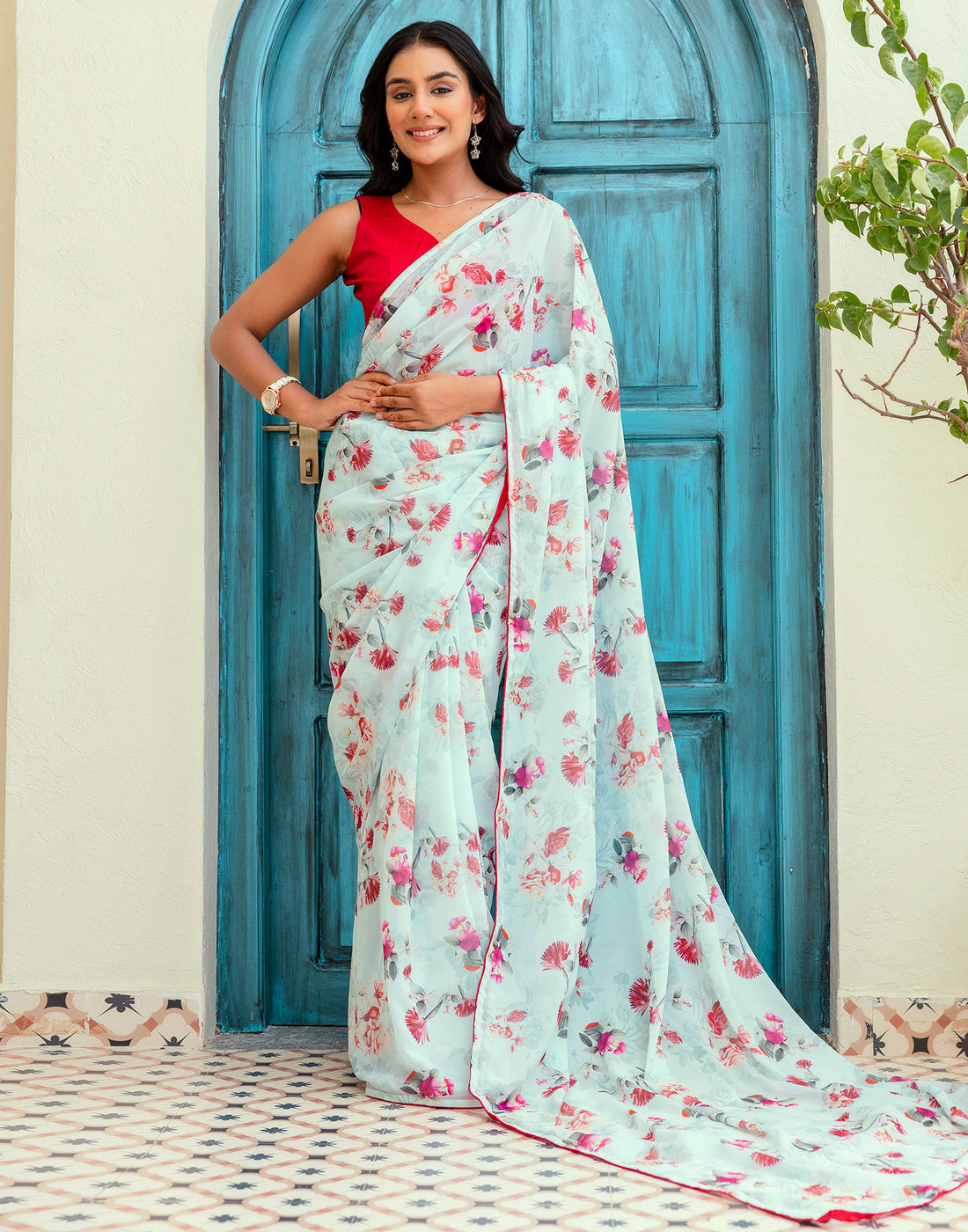 Ready To Wear Multicoloured Georgette Floral Printed Saree