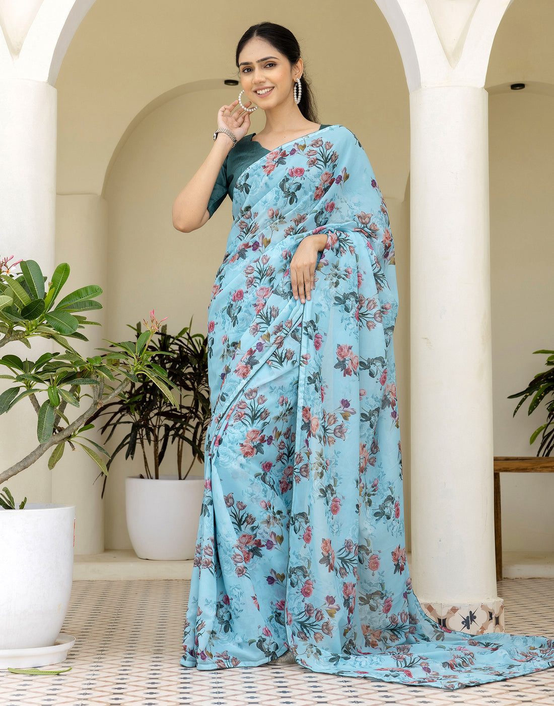 Ready To Wear Multicoloured Georgette Floral Printed Saree