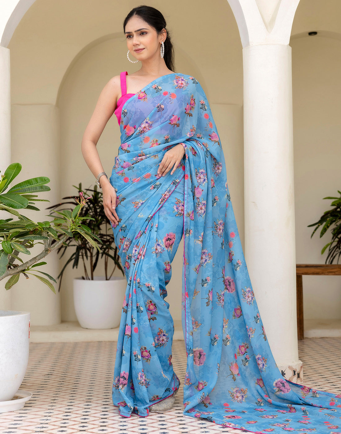 Ready To Wear Multicoloured Georgette Floral Printed Saree