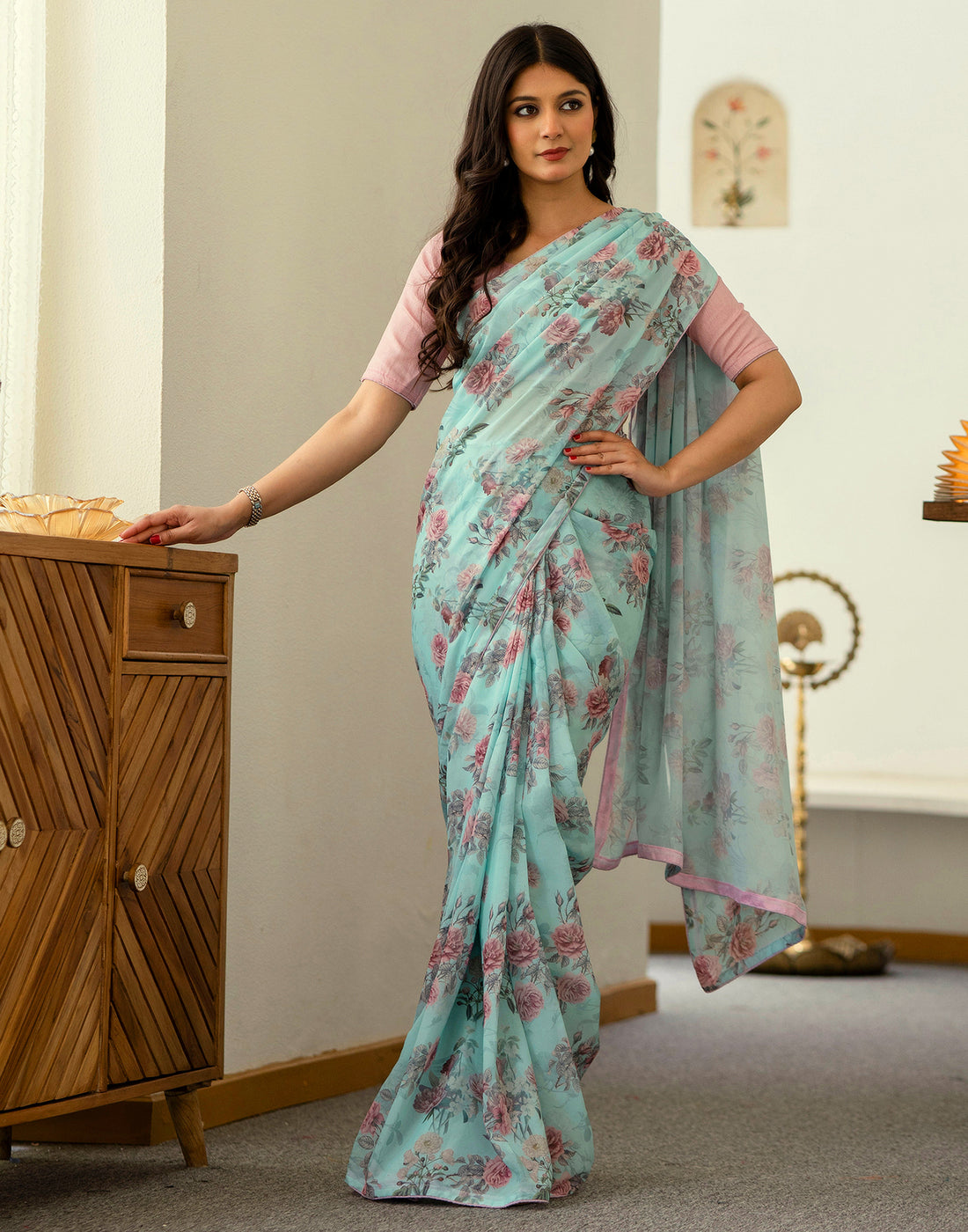 Ready To Wear Turquoise Georgette Floral Printed Saree