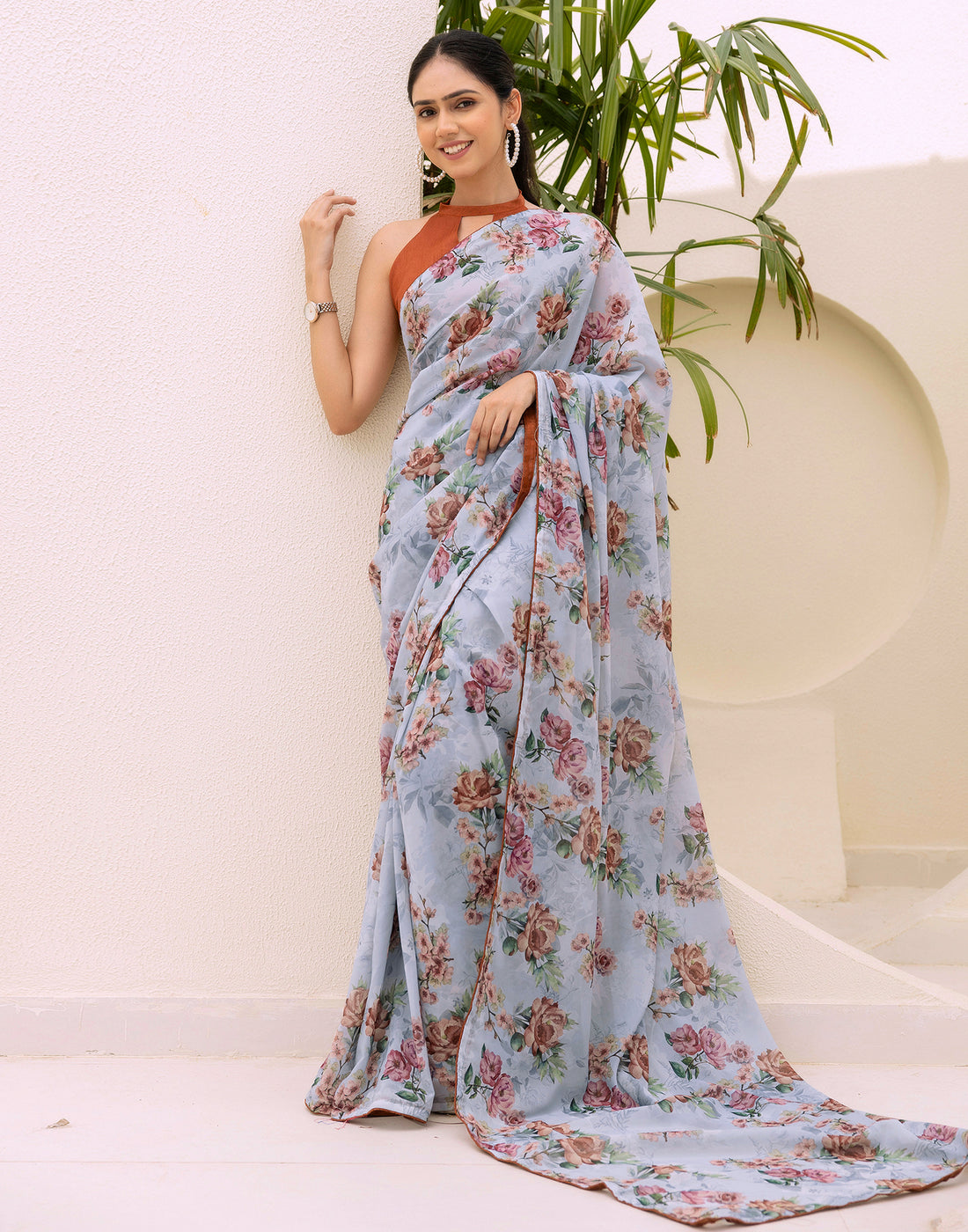 Ready To Wear Multicoloured Georgette Floral Printed Saree