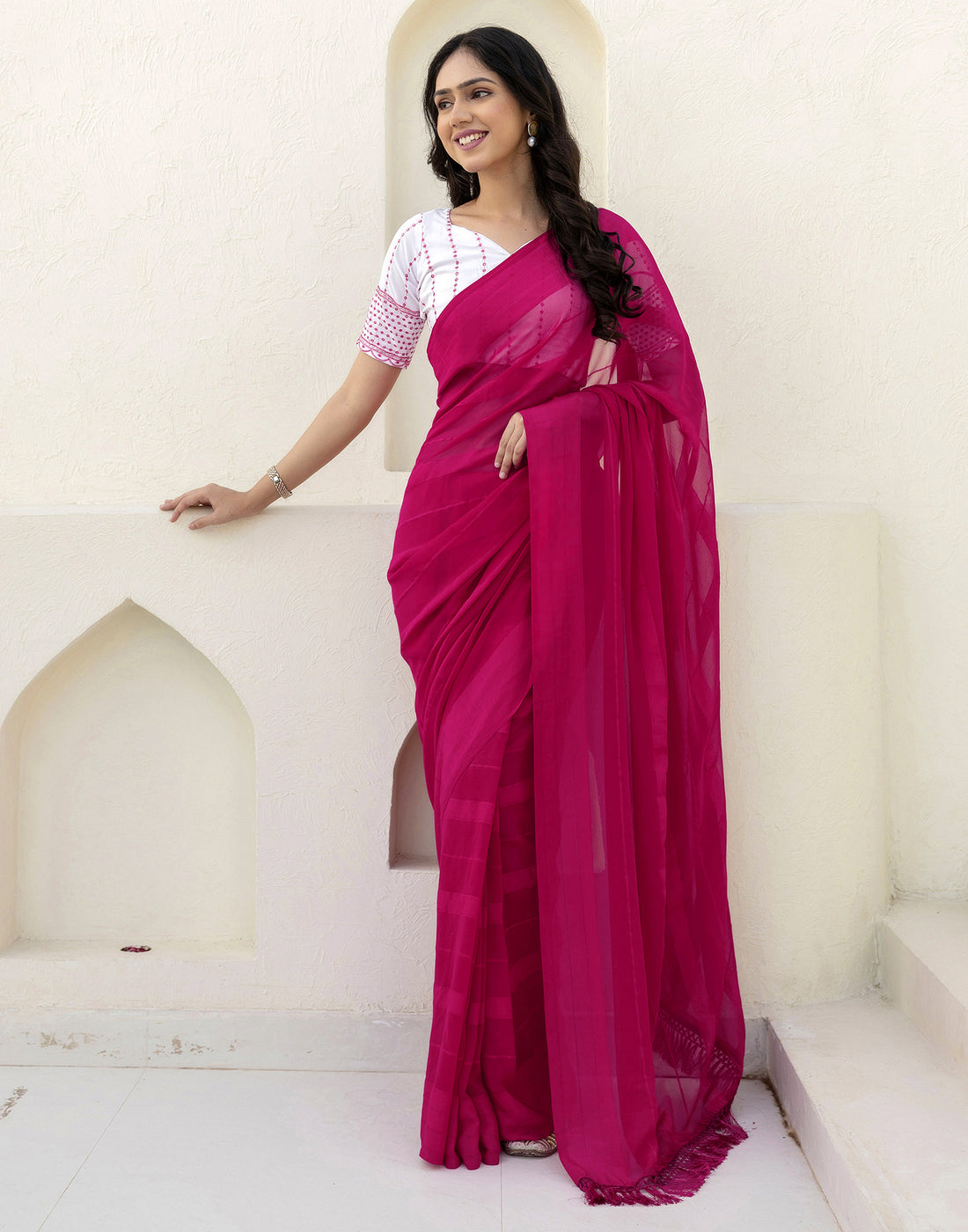 Pink Georgette Woven Plain Saree