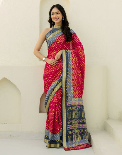 Red Cotton Printed Bandhani Saree