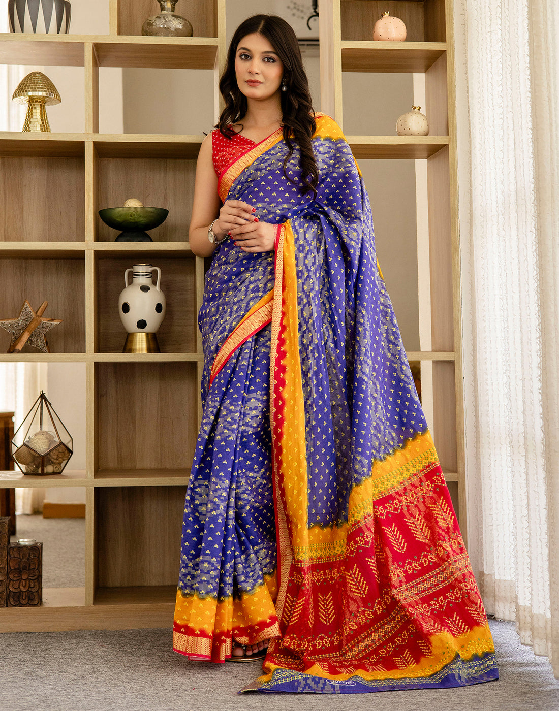 Blue Cotton Printed Bandhani Saree