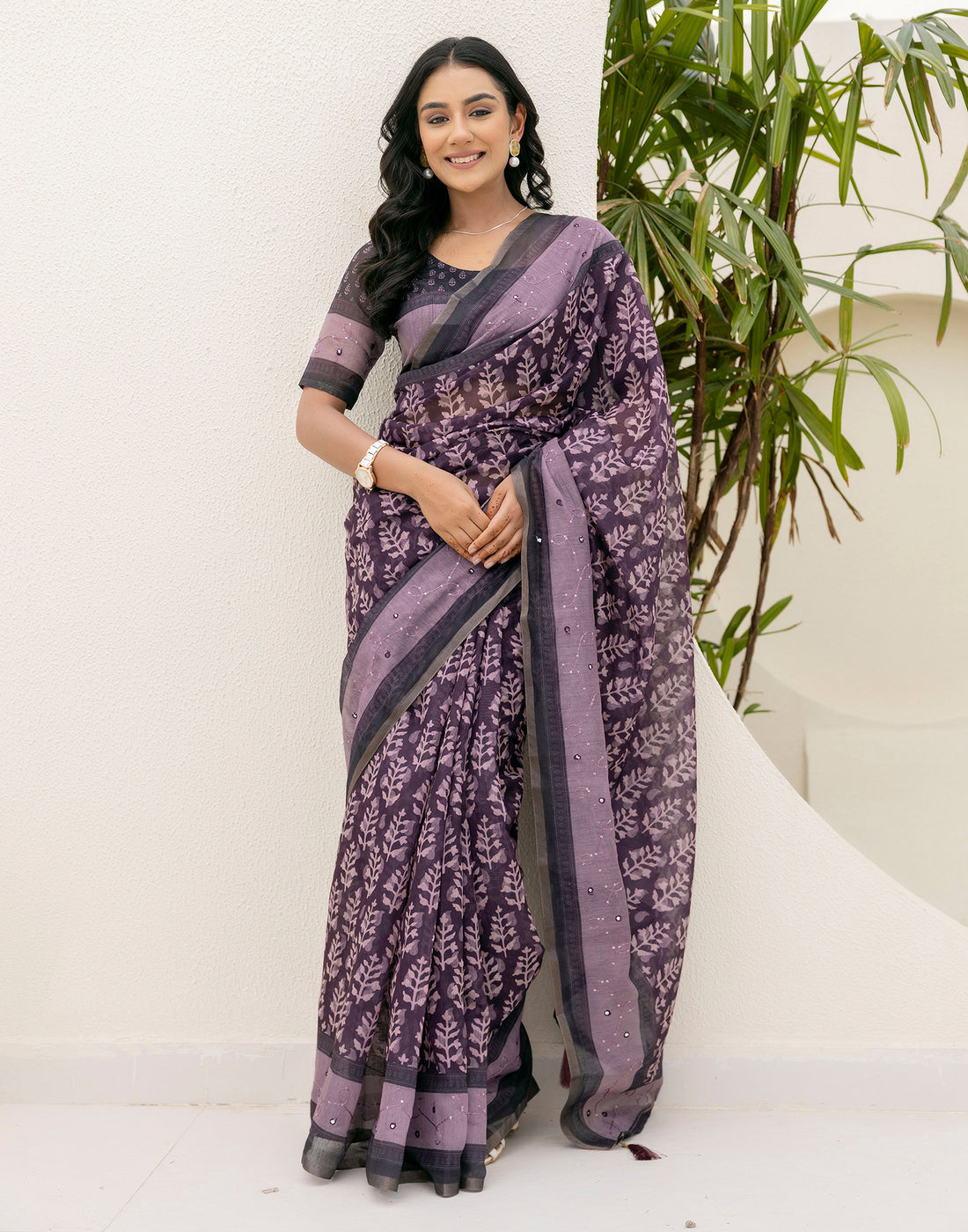 Purple Cotton Embroidery Printed Saree