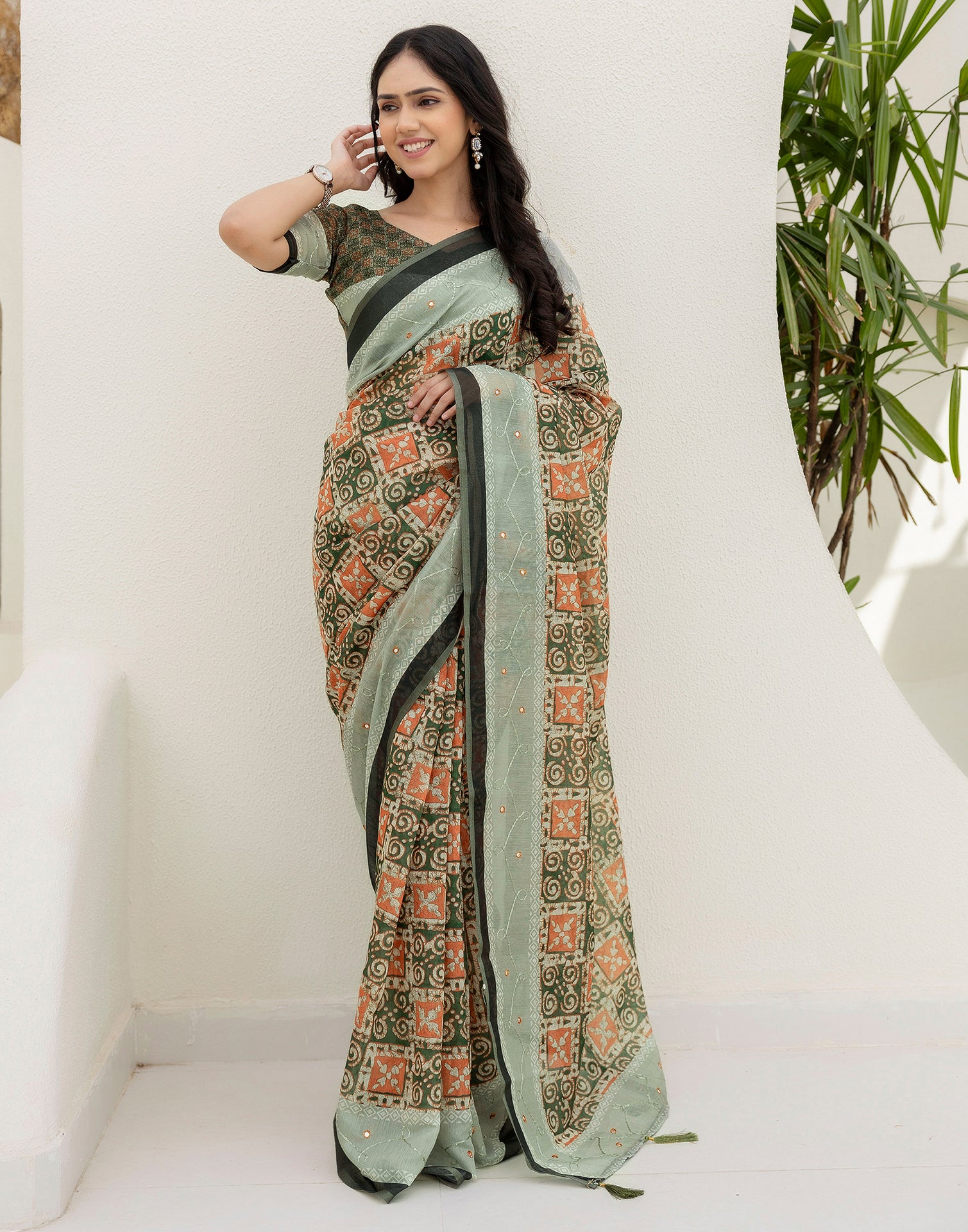 Green Cotton Embroidery Printed Saree