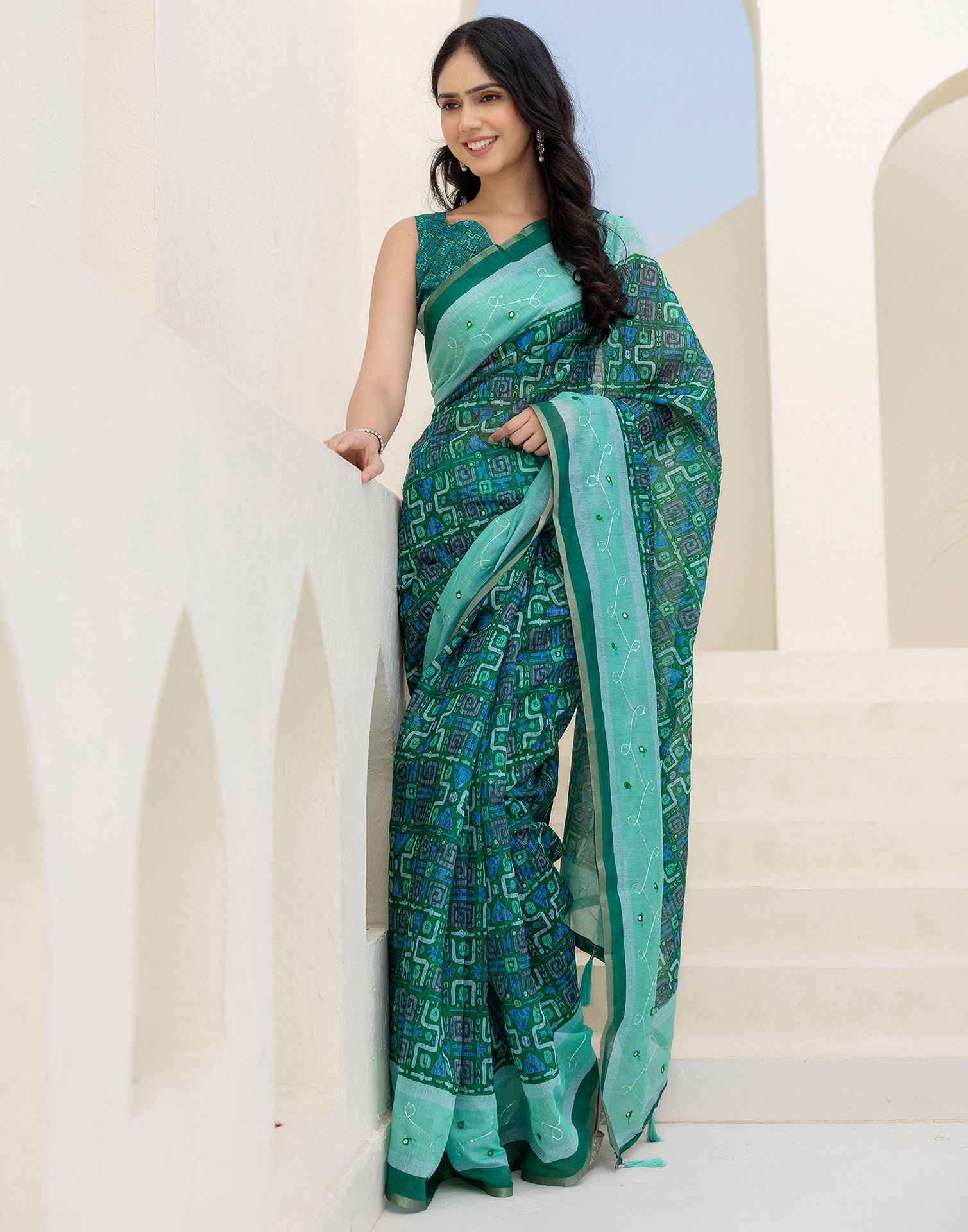Green Cotton Embroidery Printed Saree