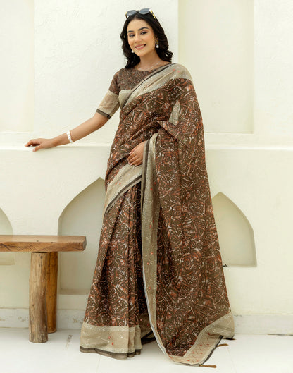 Green Cotton Embroidery Printed Saree